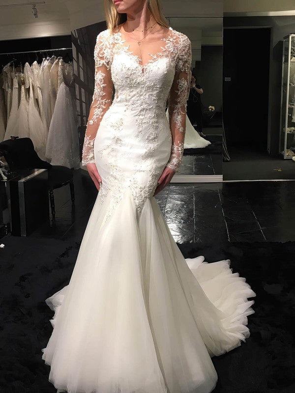 Fabulous Trumpet Long Sleeves Tulle Wedding Dresses with Court Train