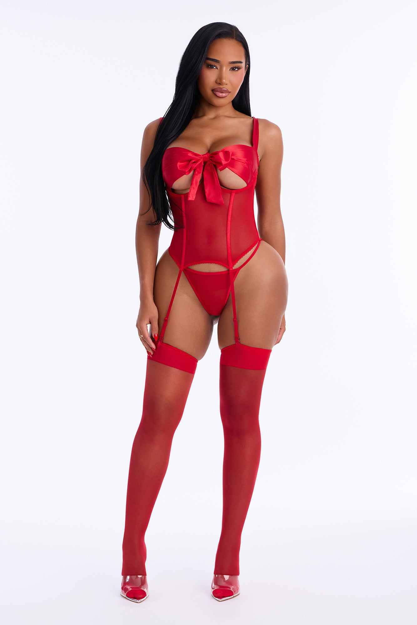 Open Up Bow 3 Piece Garter Set - Red