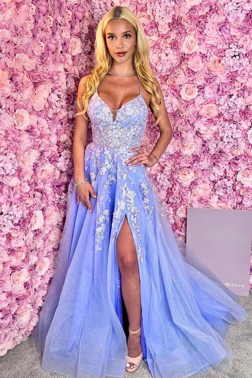Light Blue Long Prom Dress with Appliques and Spaghetti Straps for the Ultimate Glow