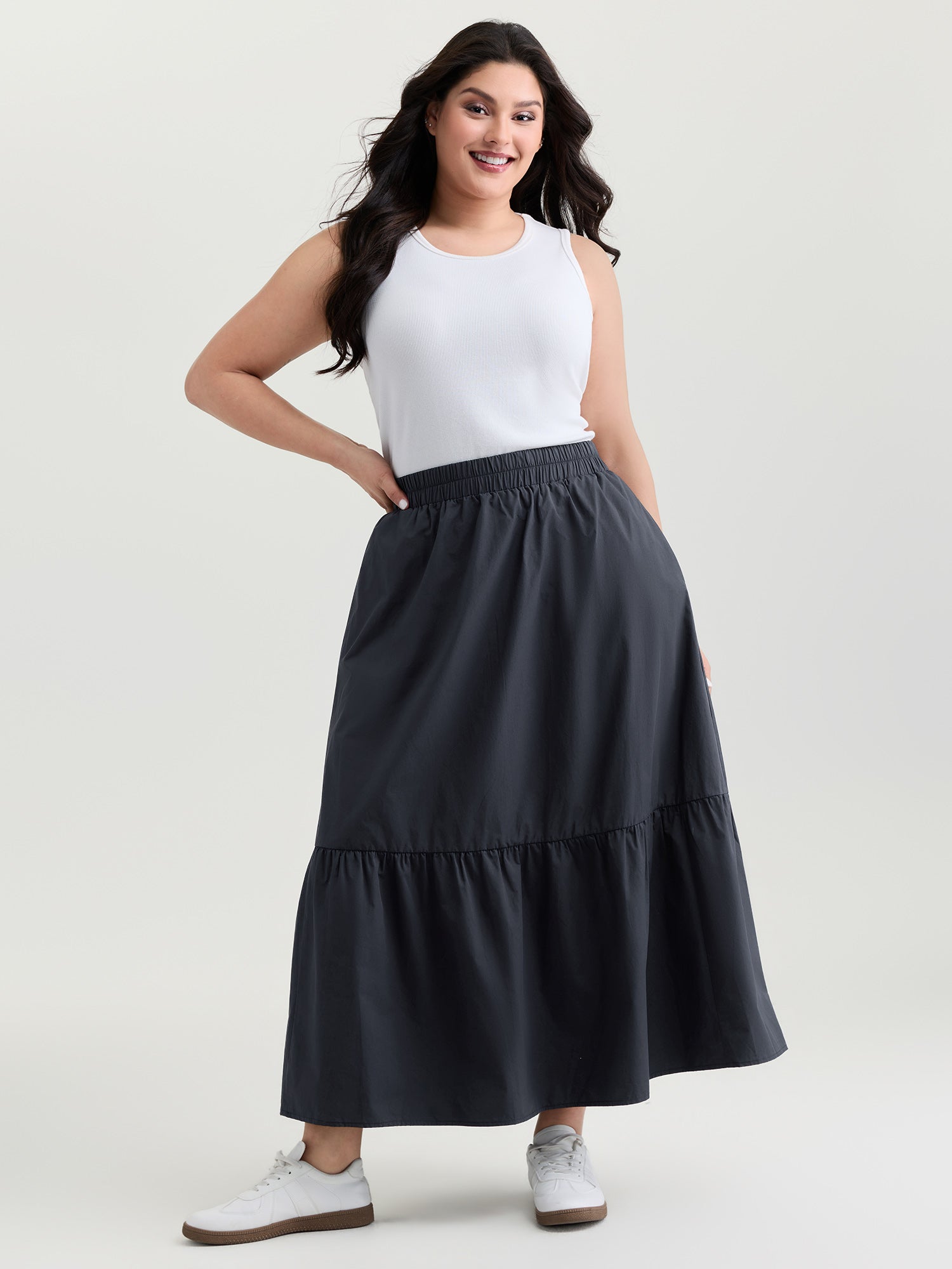 Pure Cotton Tiered Wide-Waistband Maxi Skirt