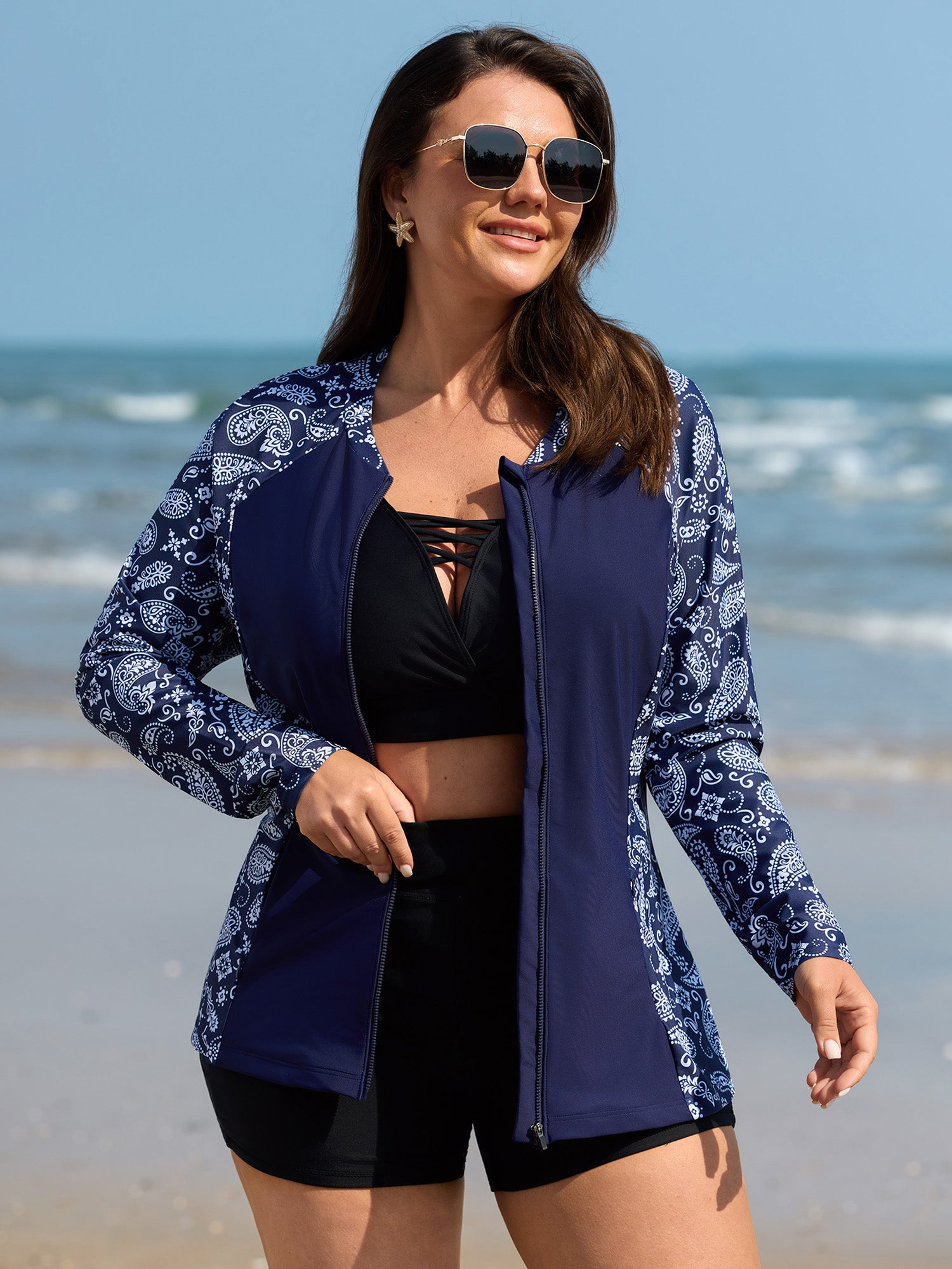 Zipper Front Pocket Contrast Swim Top