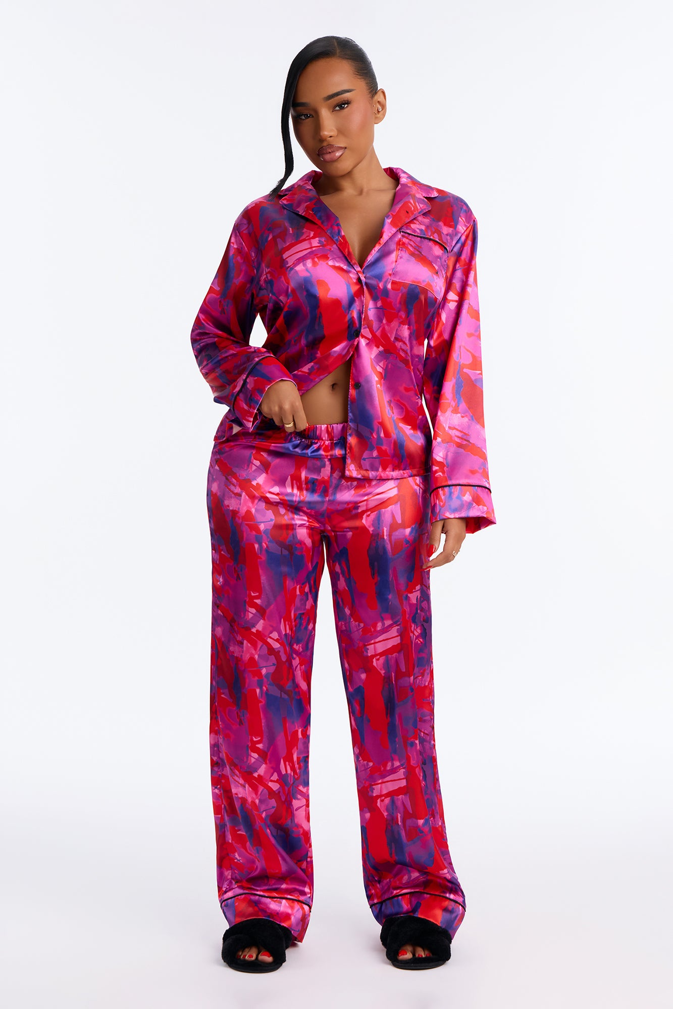 Bedtime Lux Stretch Satin Long Sleeve PJ Pant Set - Red/combo