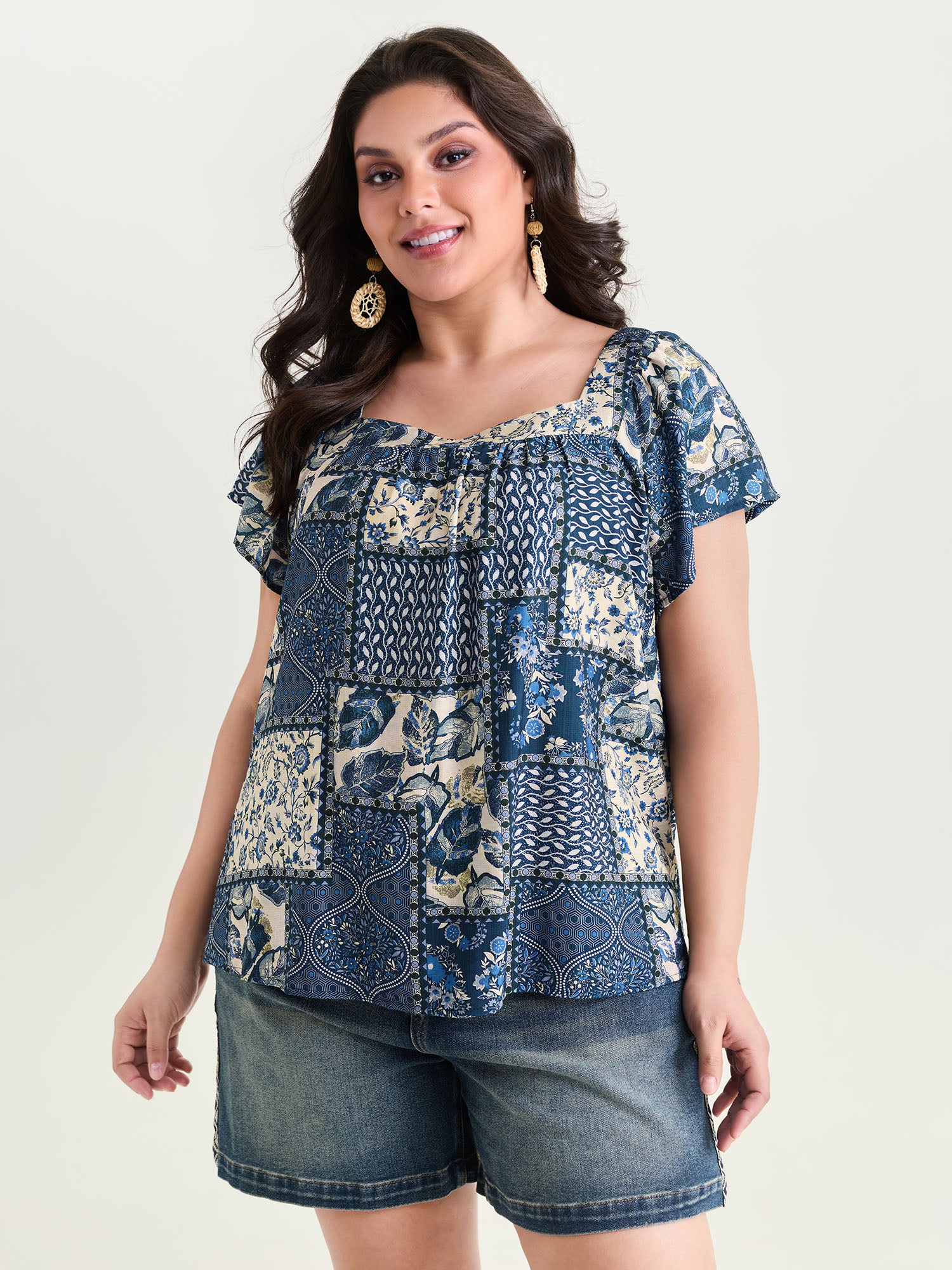 Collage Print Square Neckline Blouse