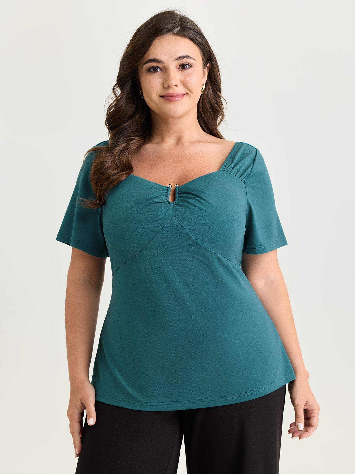Sweetheart Neckline Metal Loop Fitted Knit Top