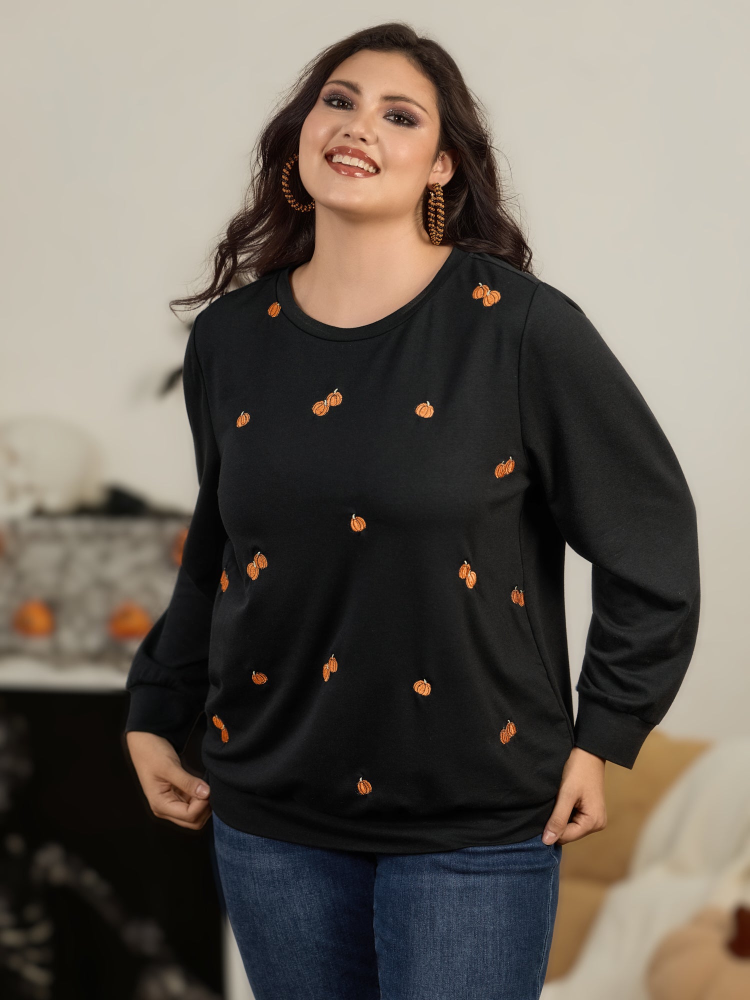 Halloween Cute Pumpkin Embroidery Crew Neck Sweatshirt