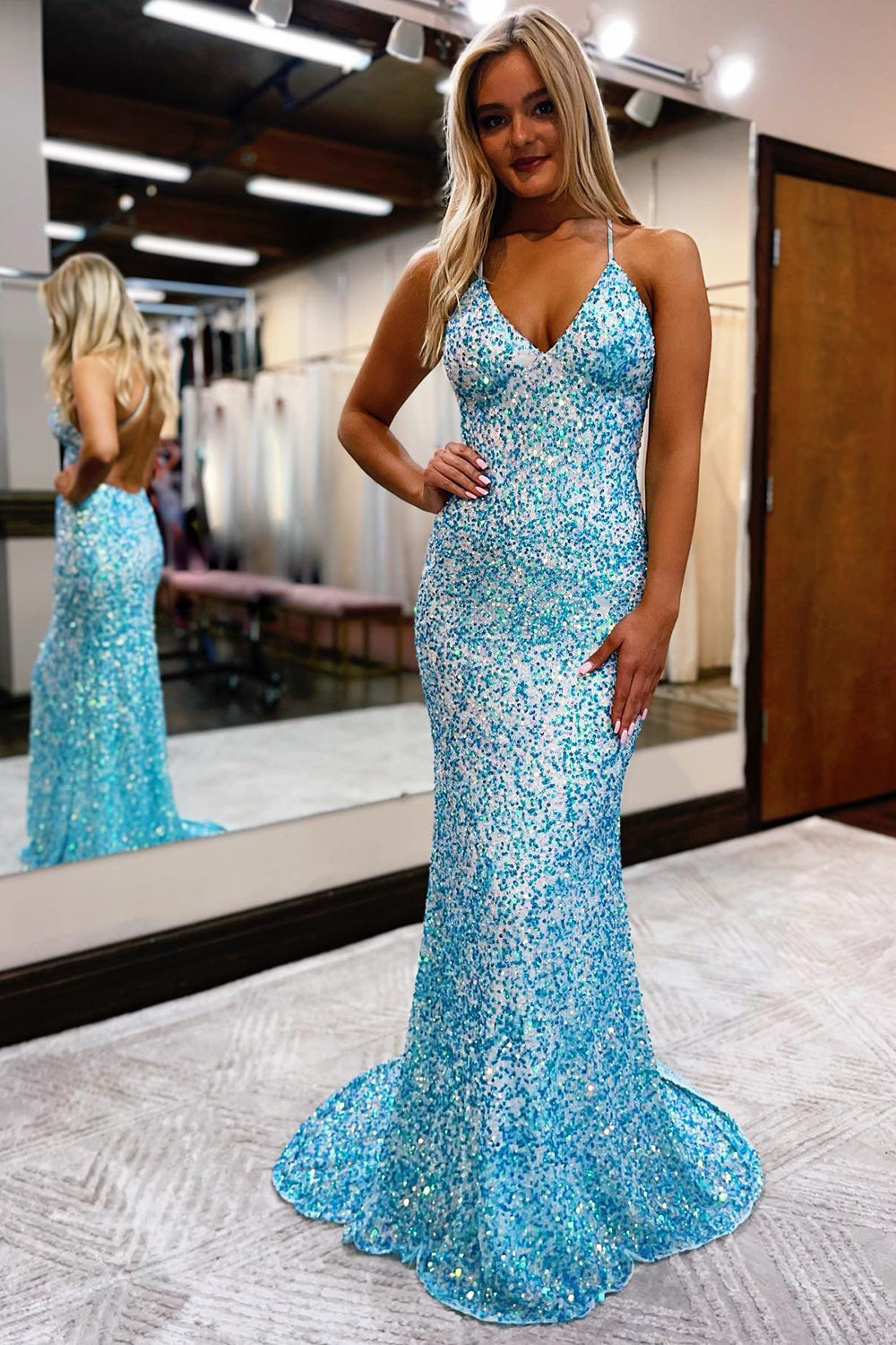 Blue Sequins Mermaid Prom Dress with Spaghetti Straps and Backless Design