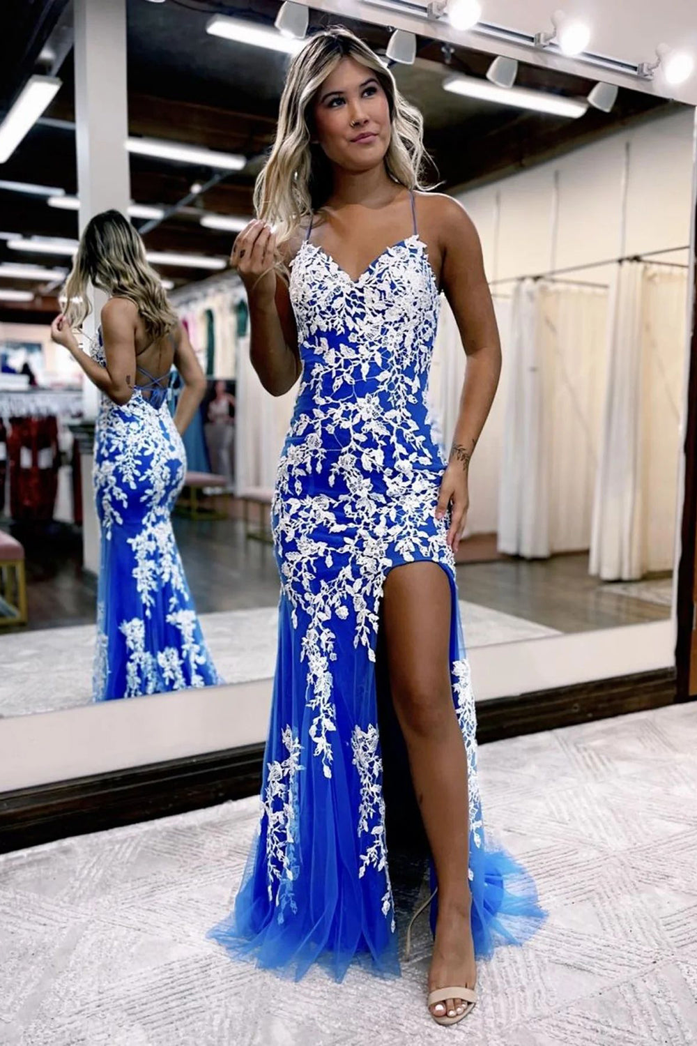 Blue Long Prom Dress with Mermaid Spaghetti Straps and Appliques