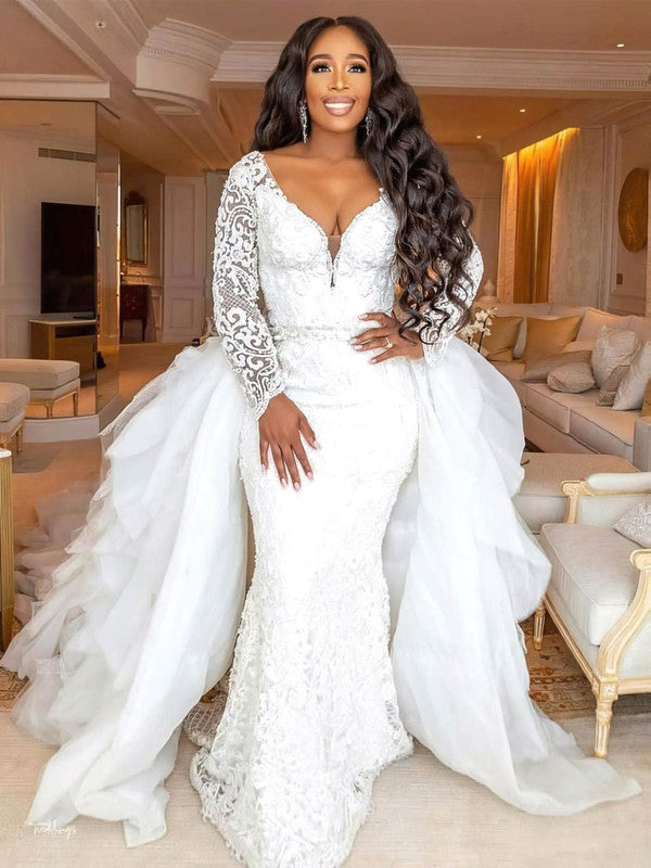 Exquisite Long Sleeves Lace V-Neck Trumpet Wedding Dresses with Cascading Ruffles