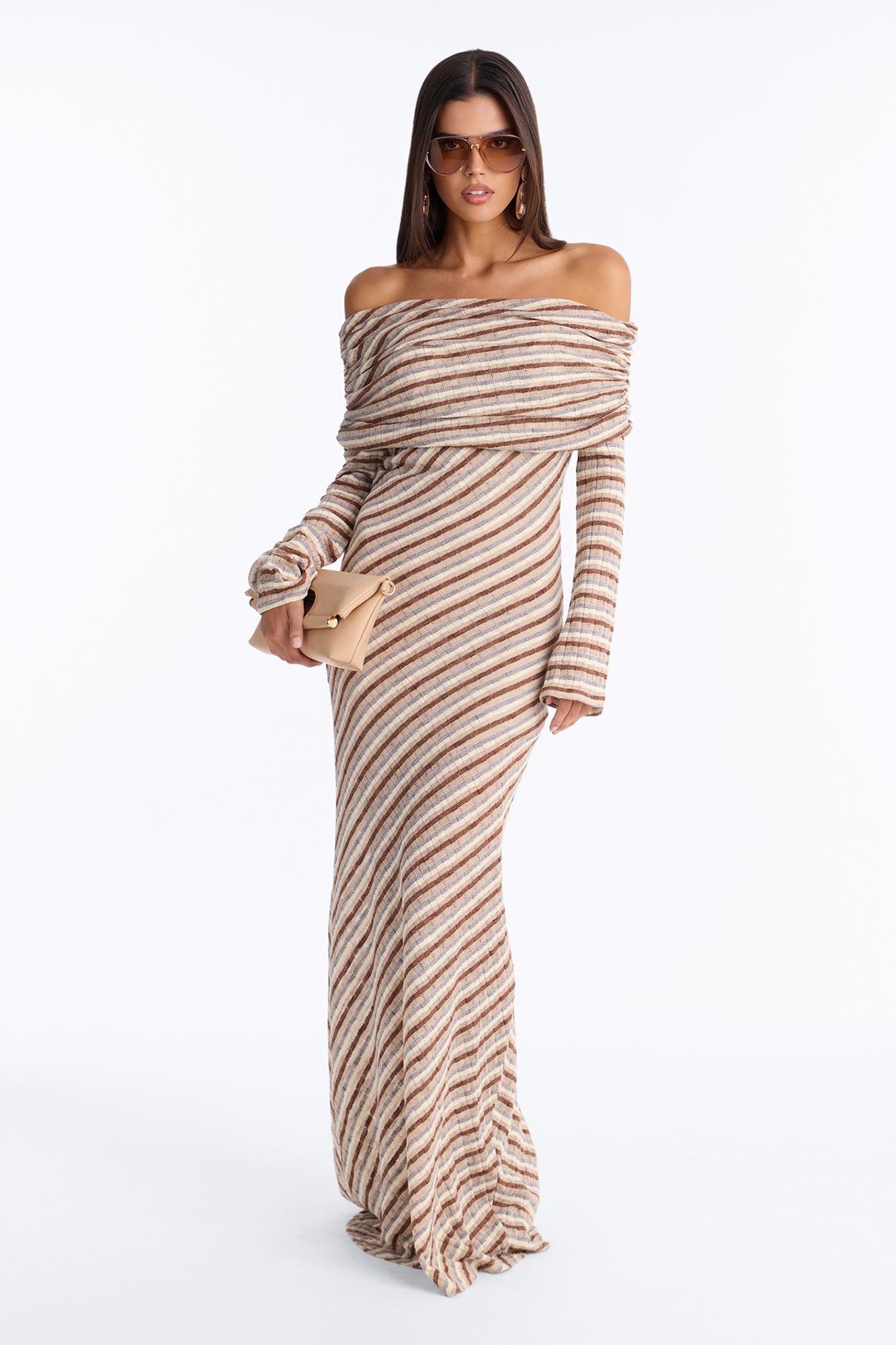 Sweet Stripe Off Shoulder Maxi Sweater Dress - Taupe/combo