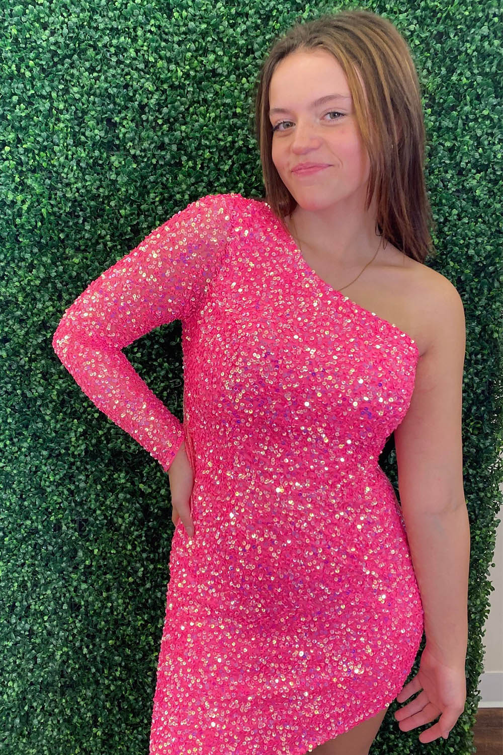 Sparkly Hot Pink One Shoulder Tight Sequins Homecoming Dress/Mini Dress with Fringes