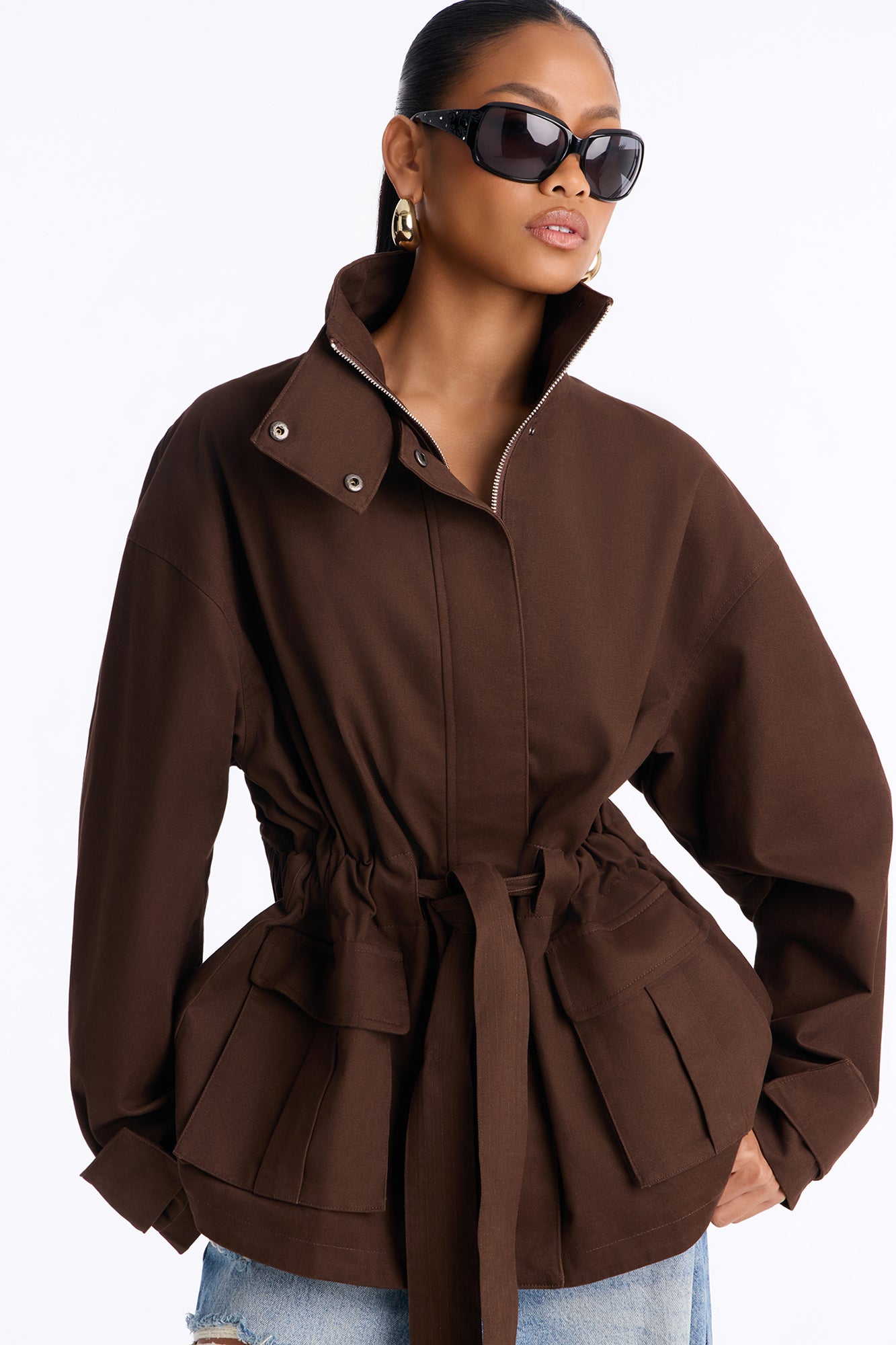 Keeping It Classy Belted Funnel Neck Anorak Jacket - Chocolate