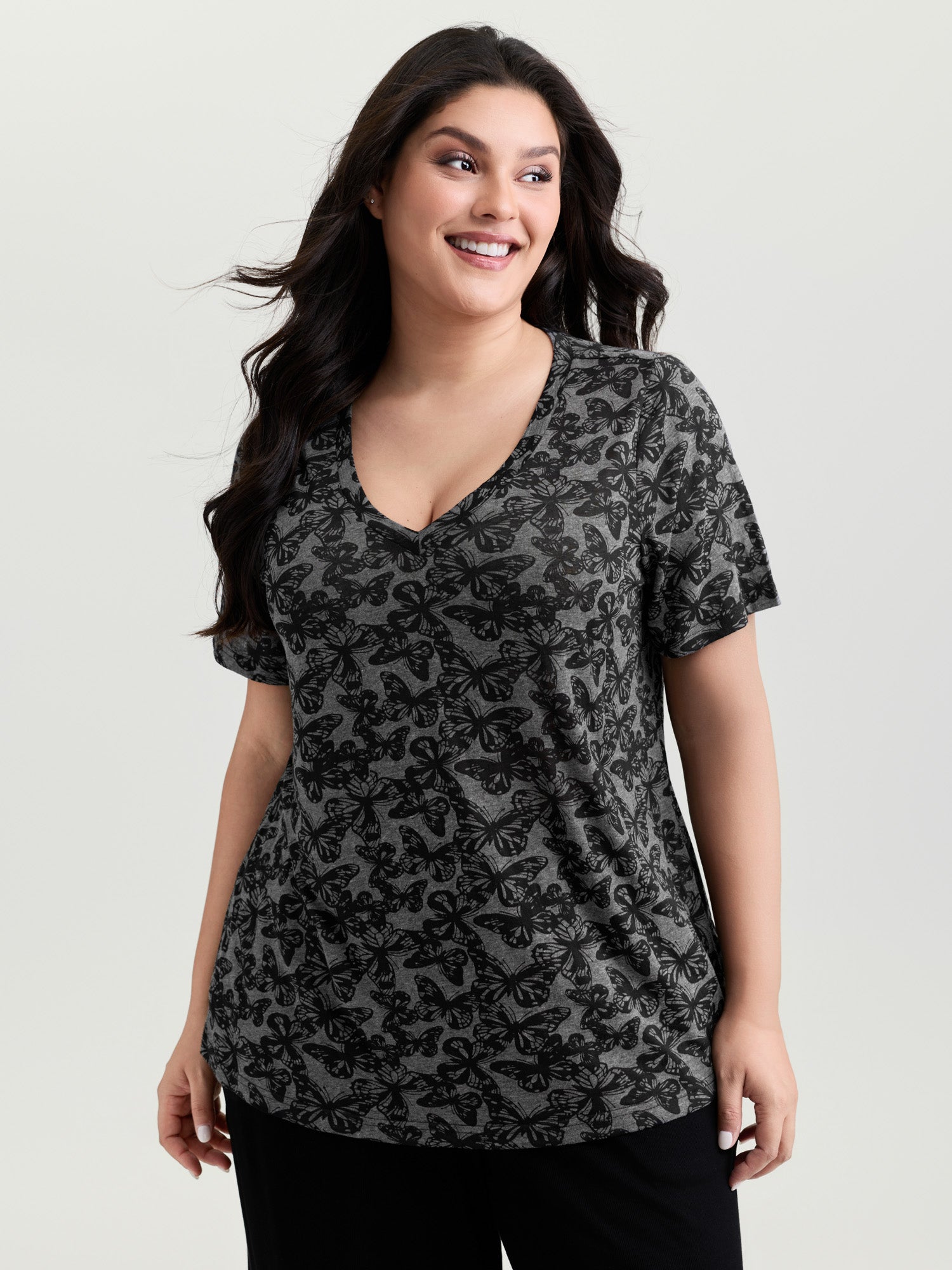 Textured Butterfly Pattern V-Neck T-Shirt