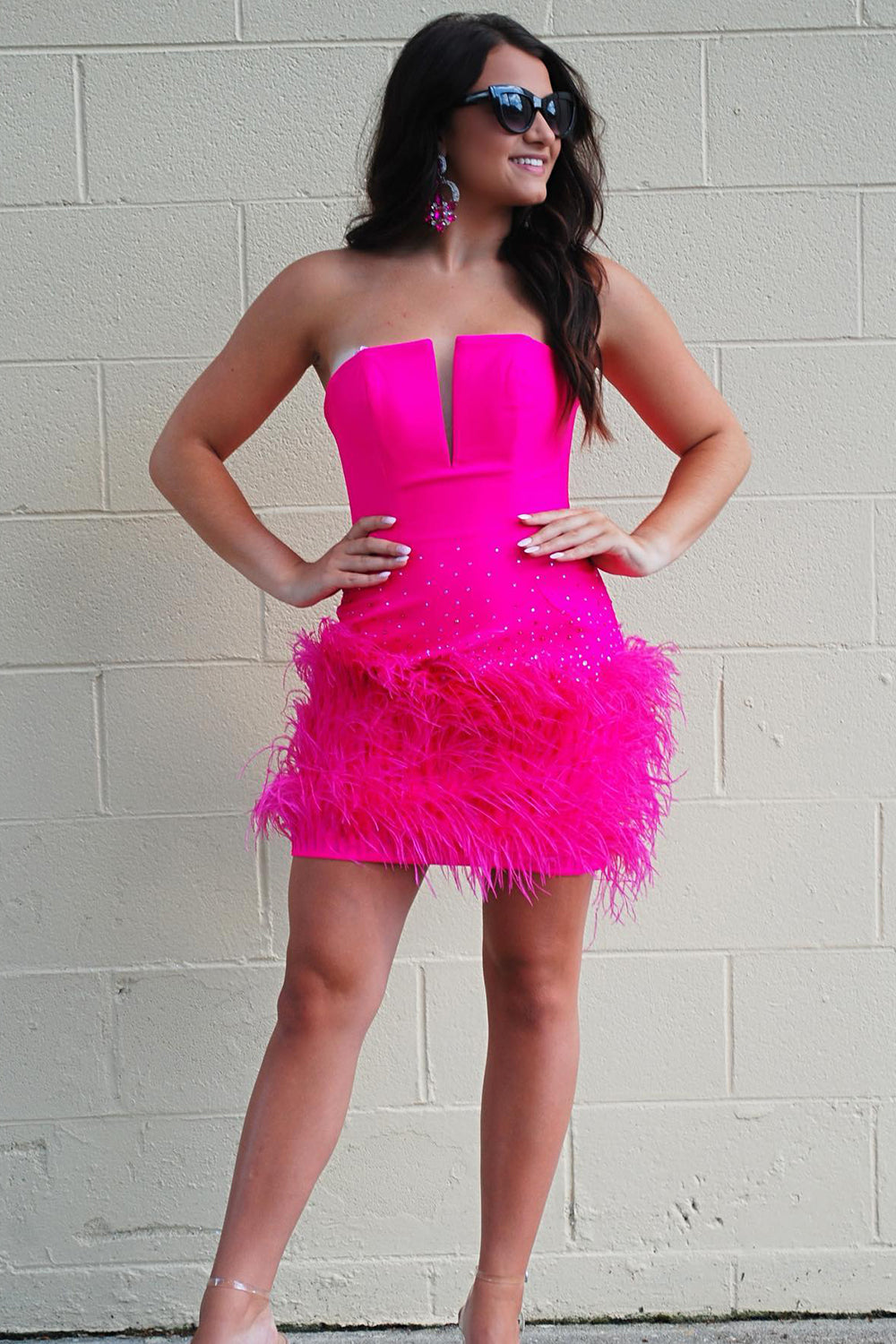 Sparkly Beaded Fuchsia Bodycon Feathered Homecoming Dress/Mini Dress