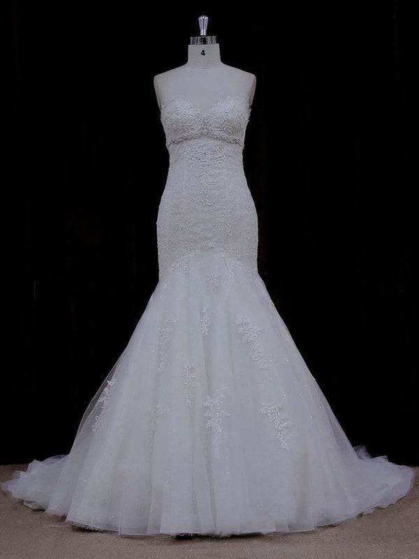 Glamorous Mermaid Sweetheart Strapless Backless Lace Tulle Wedding Dresses with Appliques