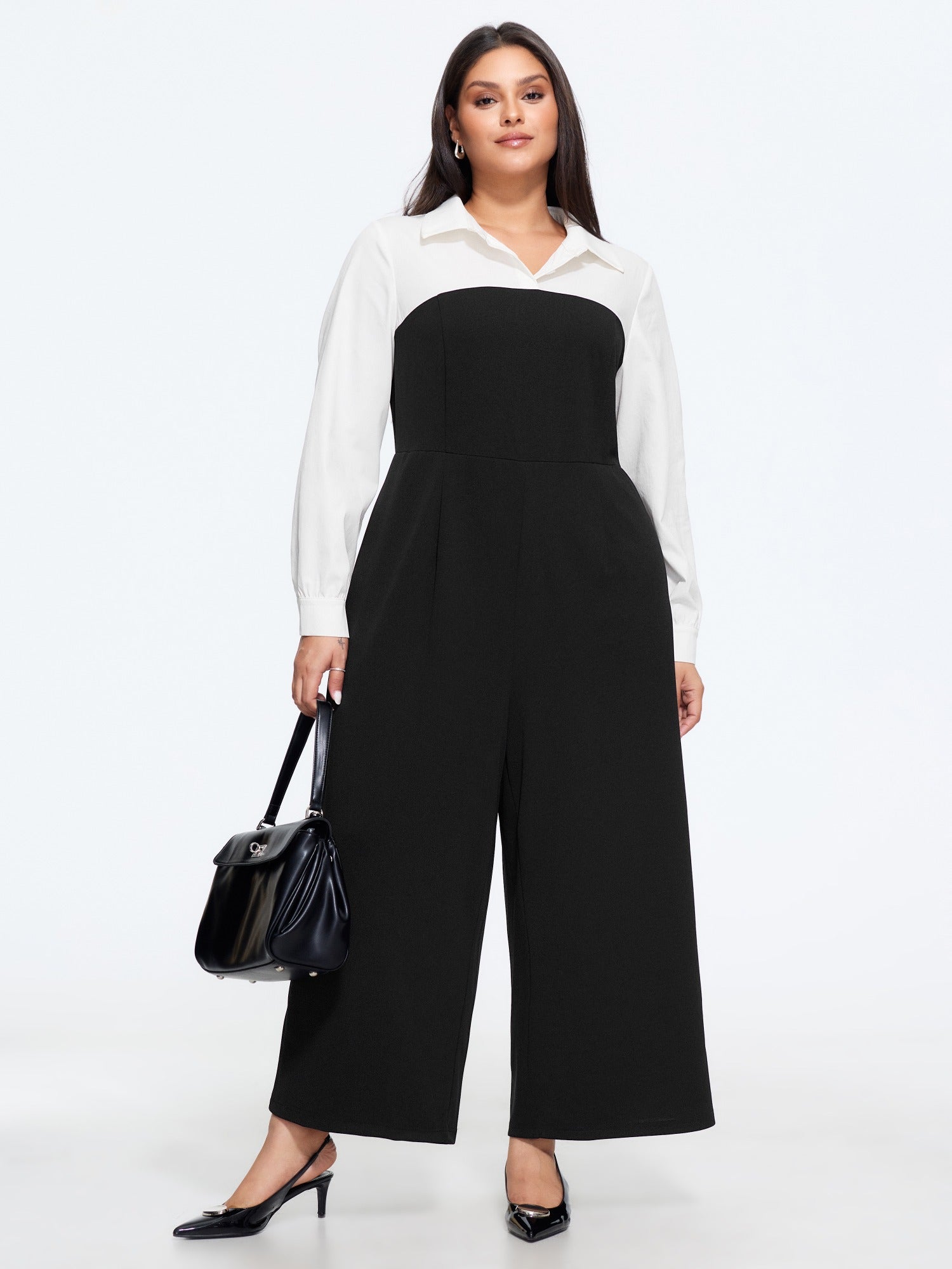 Shirt Collar Color Block Patchwork Wide Leg Jumpsuit