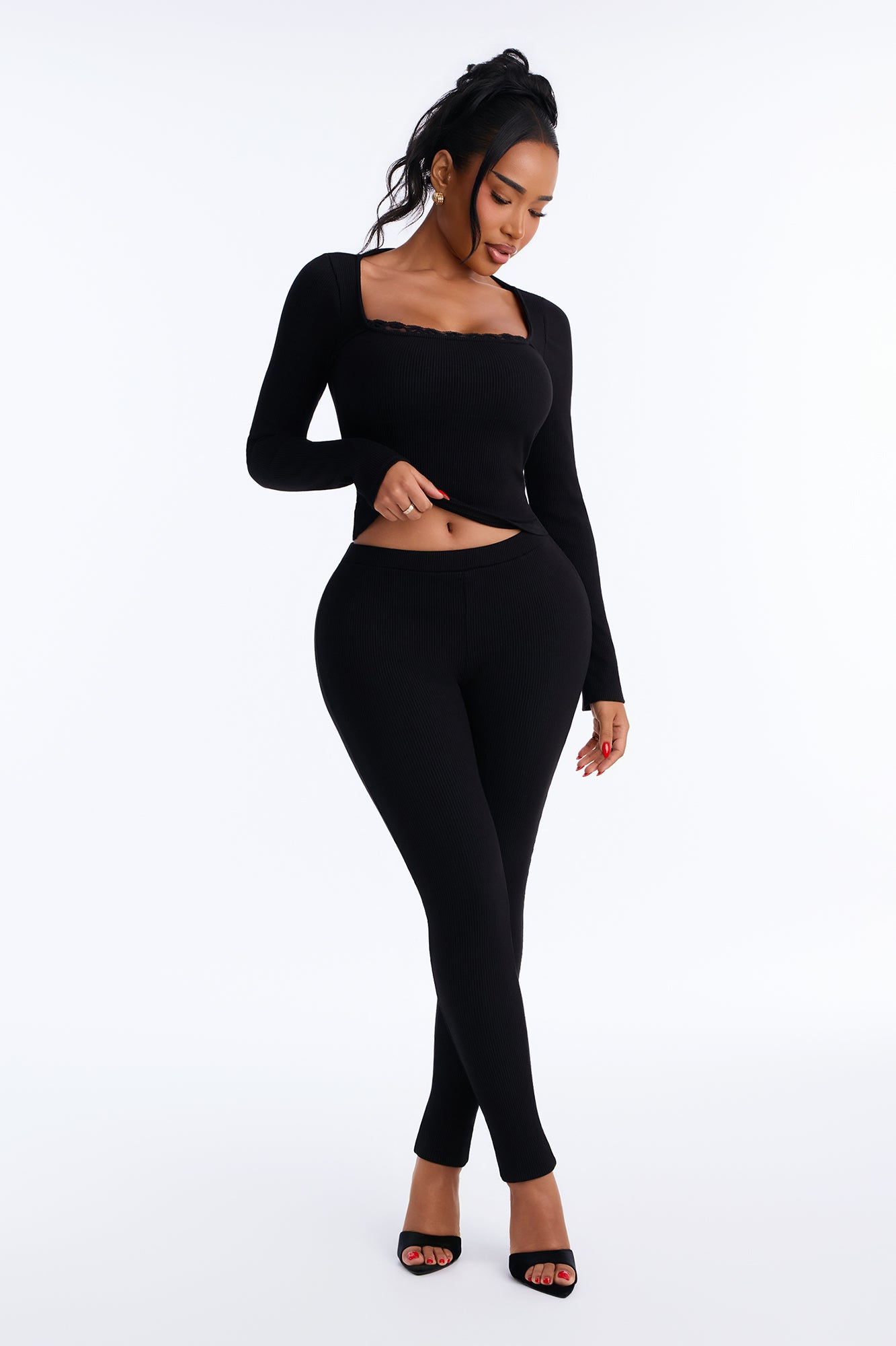 Rosalia Snatched 3/4 Sleeve Pant Set - Black