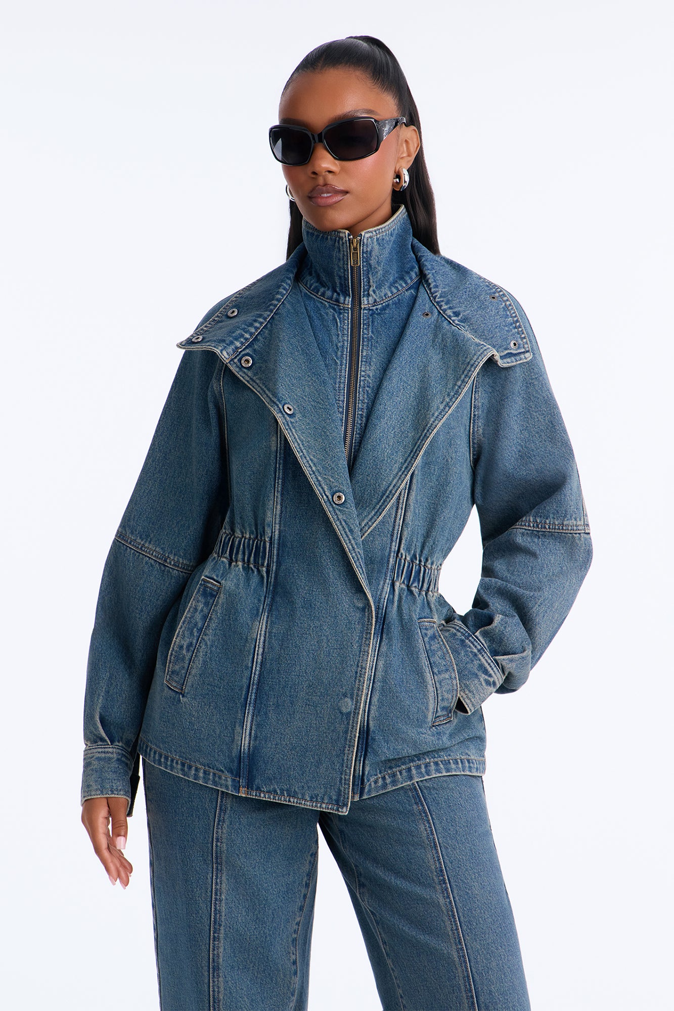 Westward High Neck Long Denim Jacket - Vintage Wash