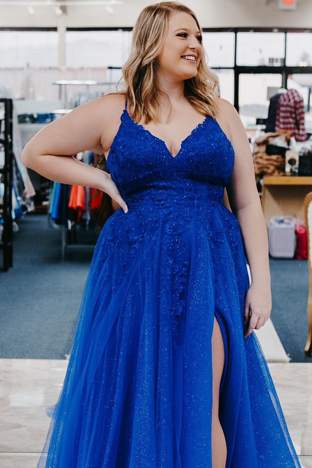 Royal Blue Plus Size Prom Dress with Appliques and Spaghetti Straps