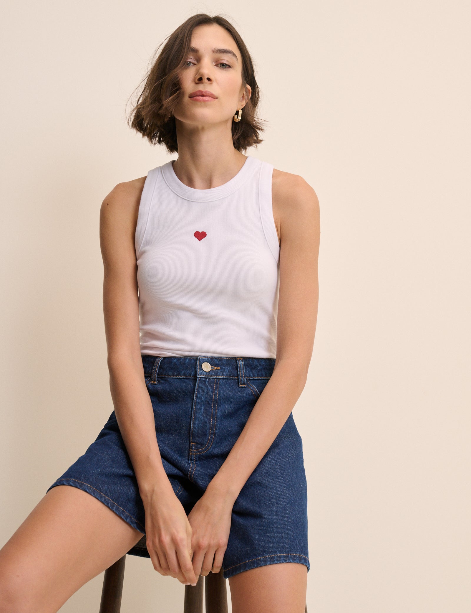 White Heart Embroidered Ribbed Racer Vest