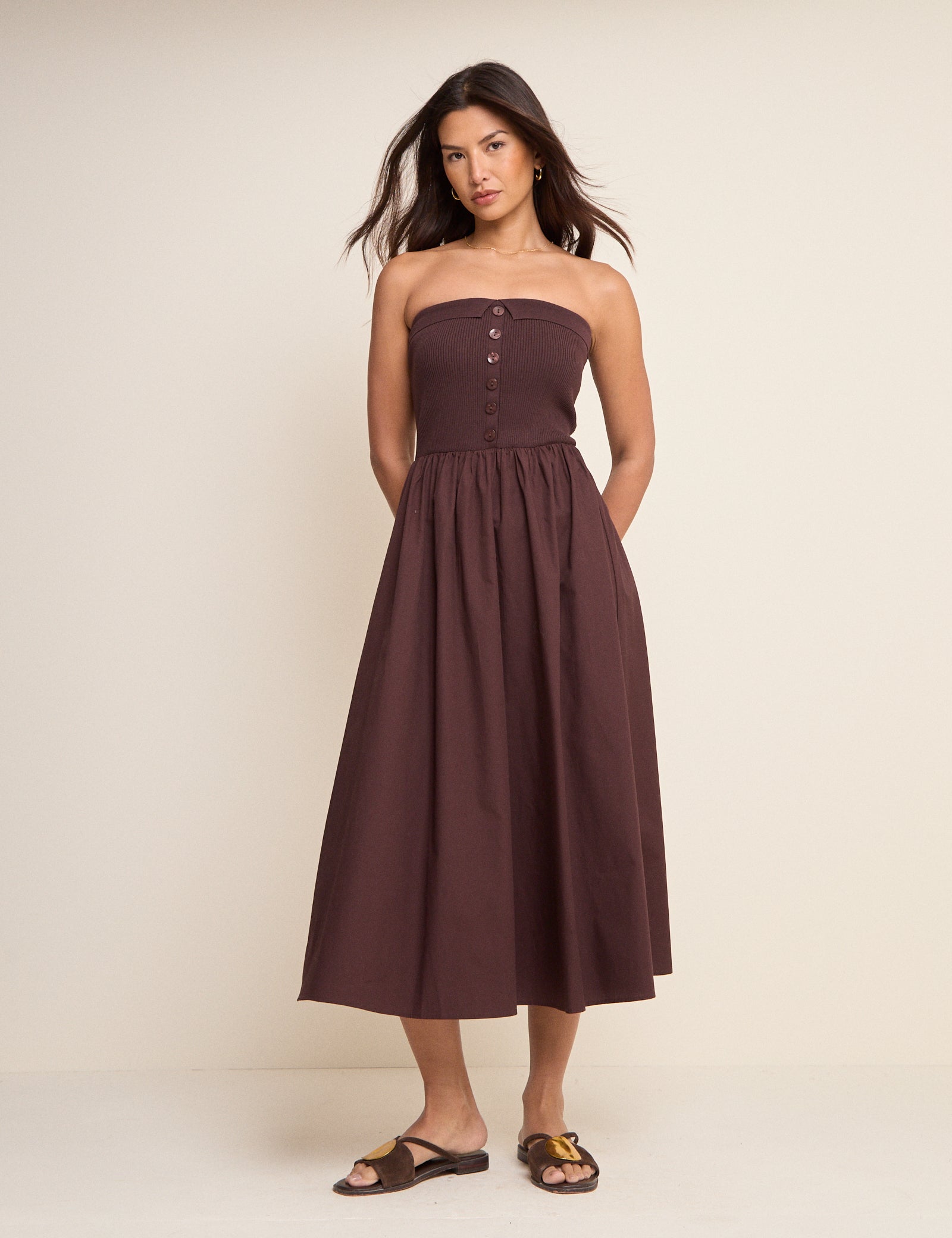 Brown Bandeau Button Front Midi Dress
