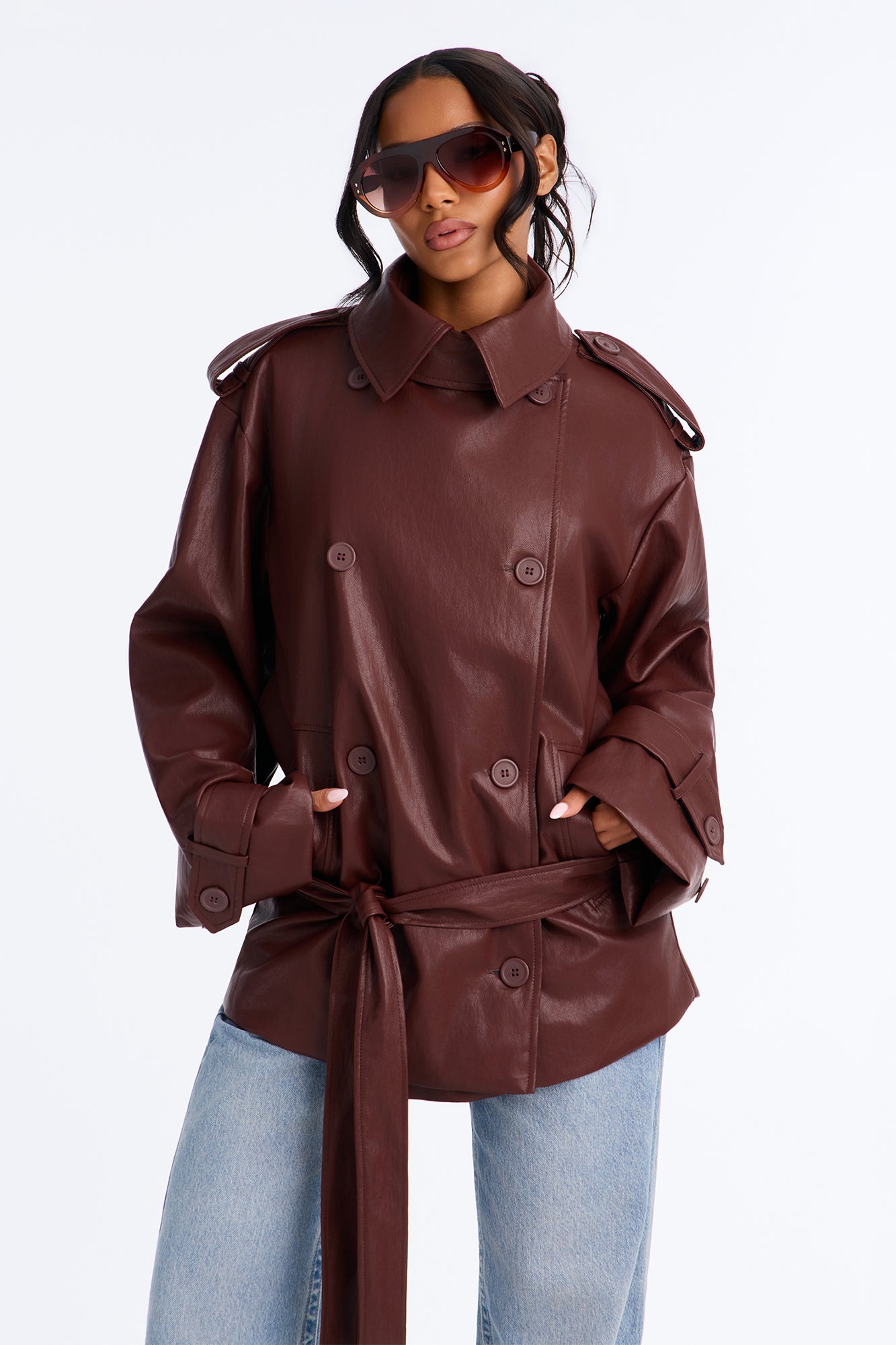 Main Character Energy Funnel Neck Trench Coat - Burgundy