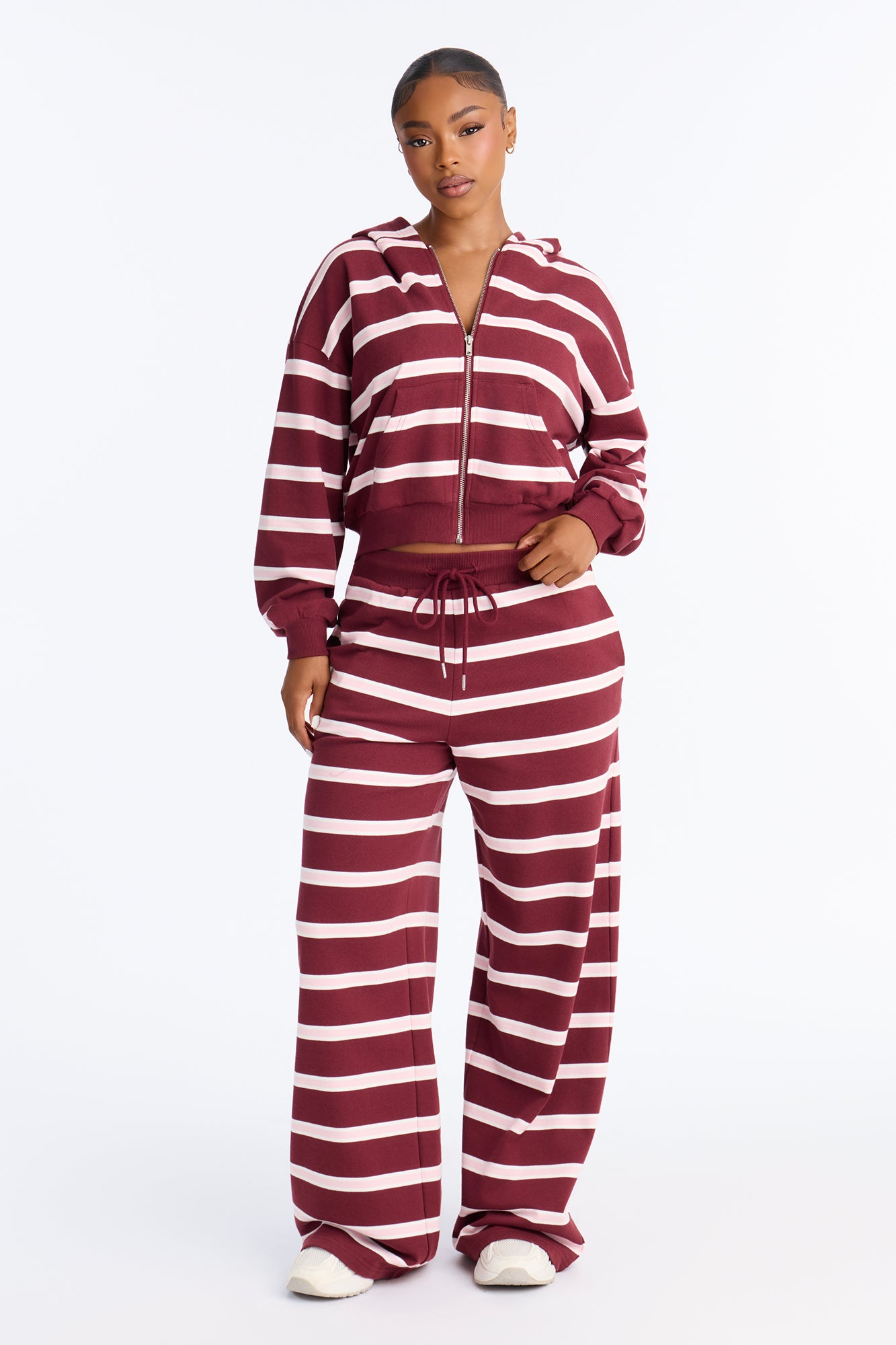 Annalise French Terry Striped Pant Set - Burgundy/combo