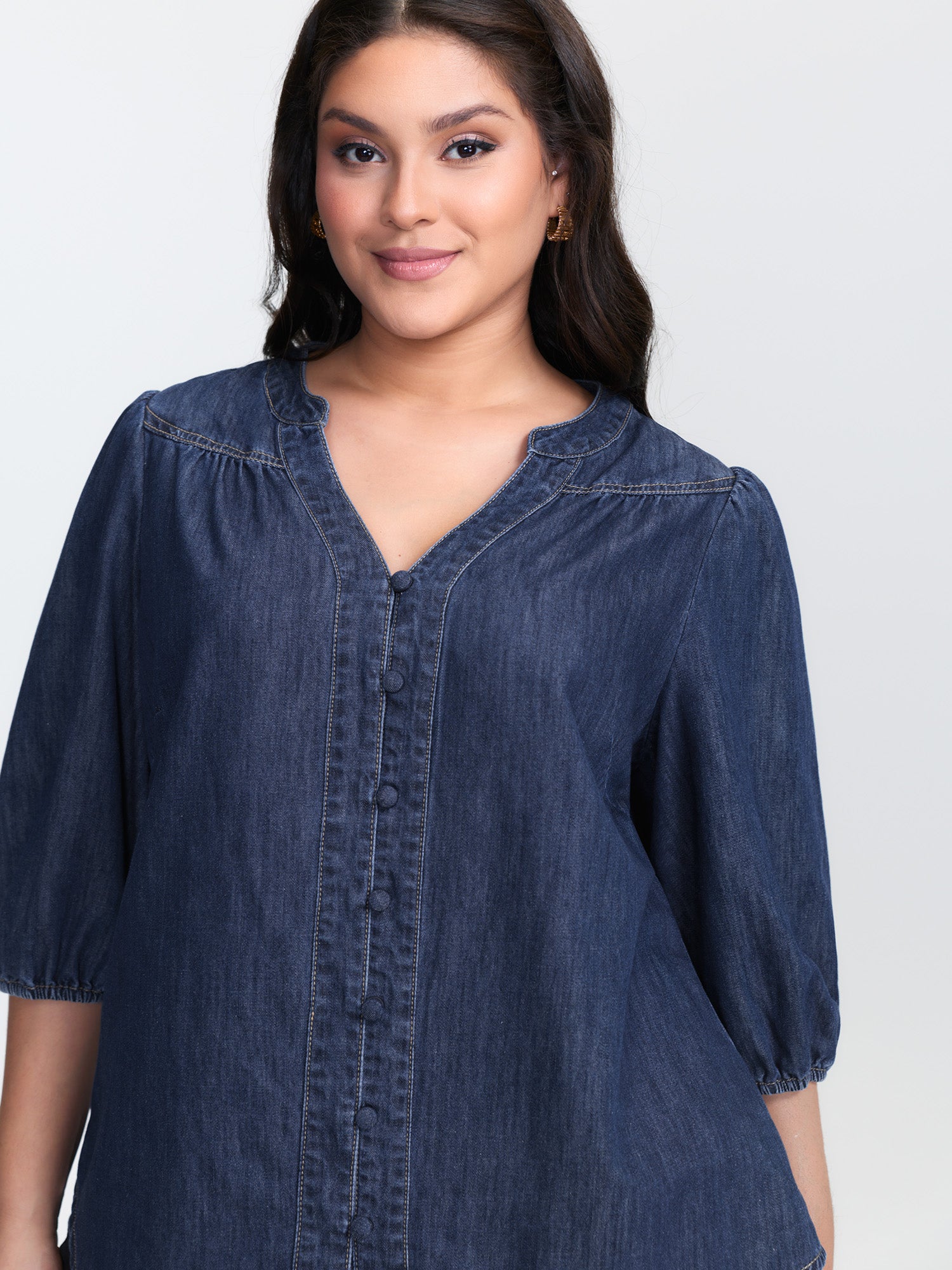 Supersoft Pleated Notched Collar Denim Top