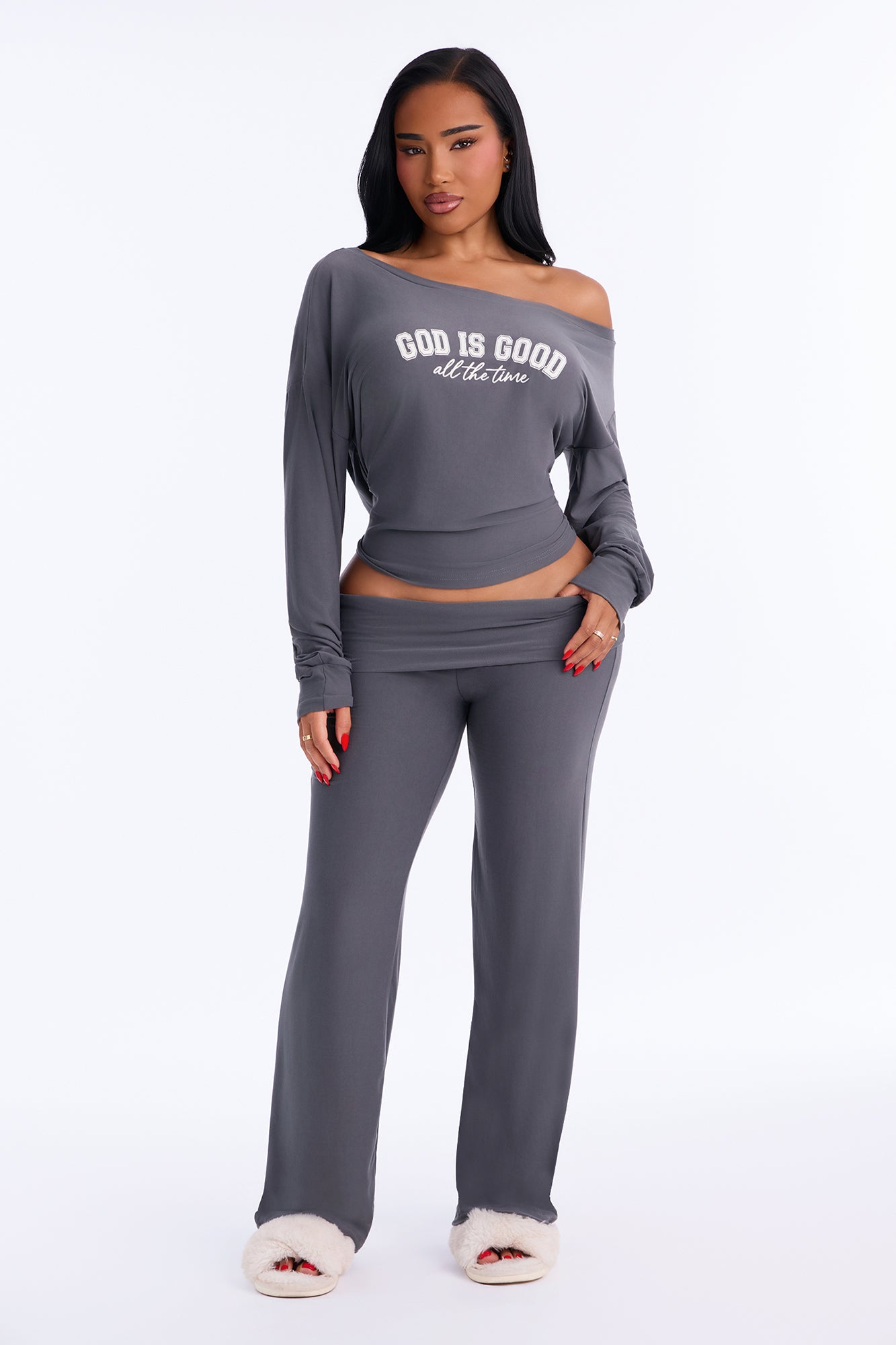 God Is Good Off Shoulder PJ Foldover Pant Set - Charcoal