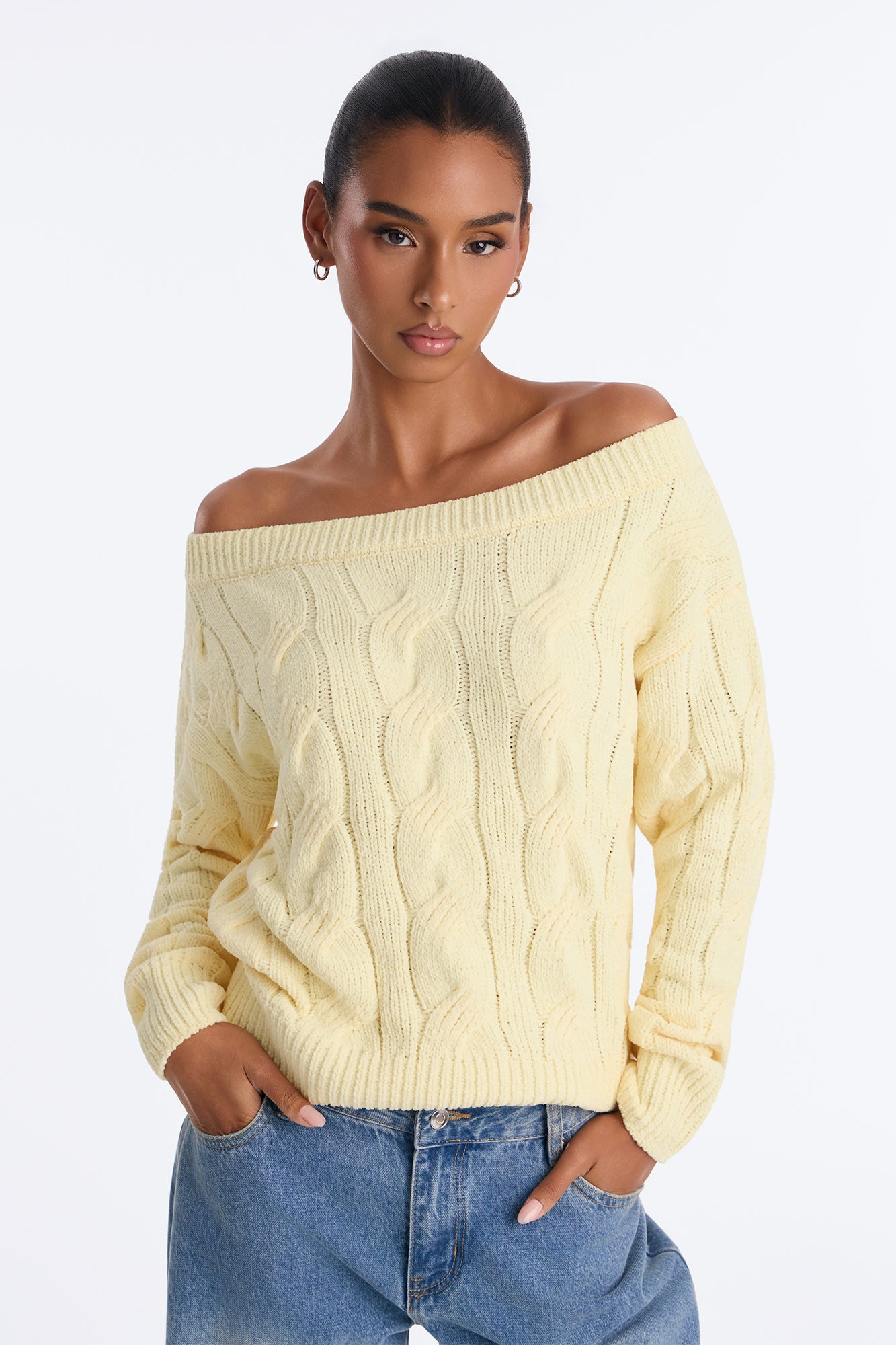 Sarah Cable Knit Long Sleeve Sweater - Yellow
