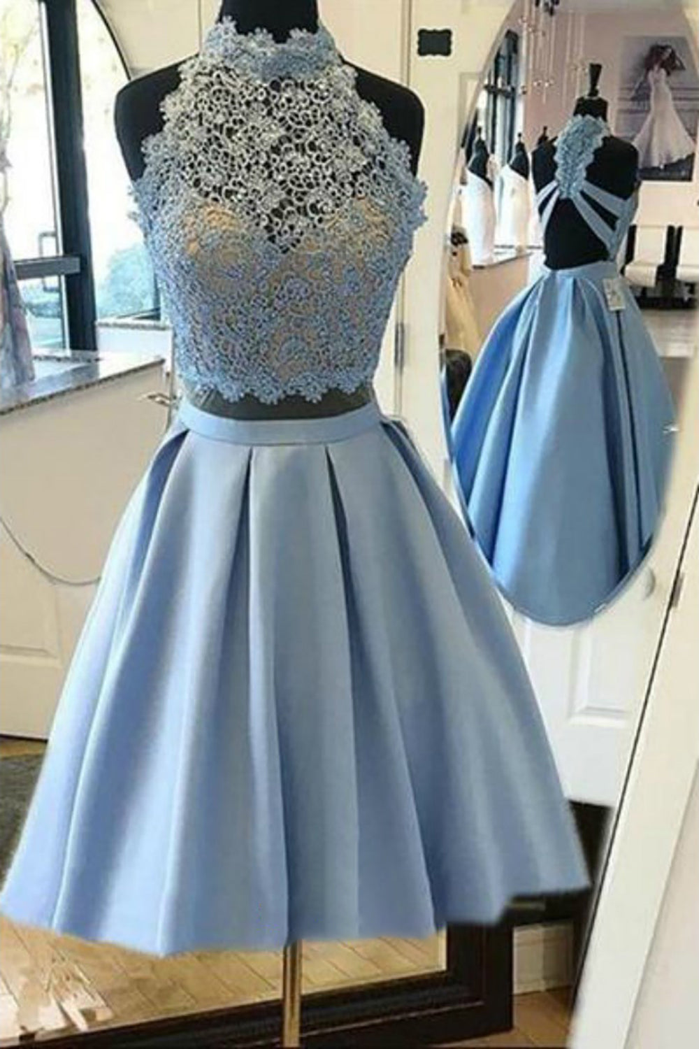 Halter Lace Blue Homecoming Dress/Mini Dress