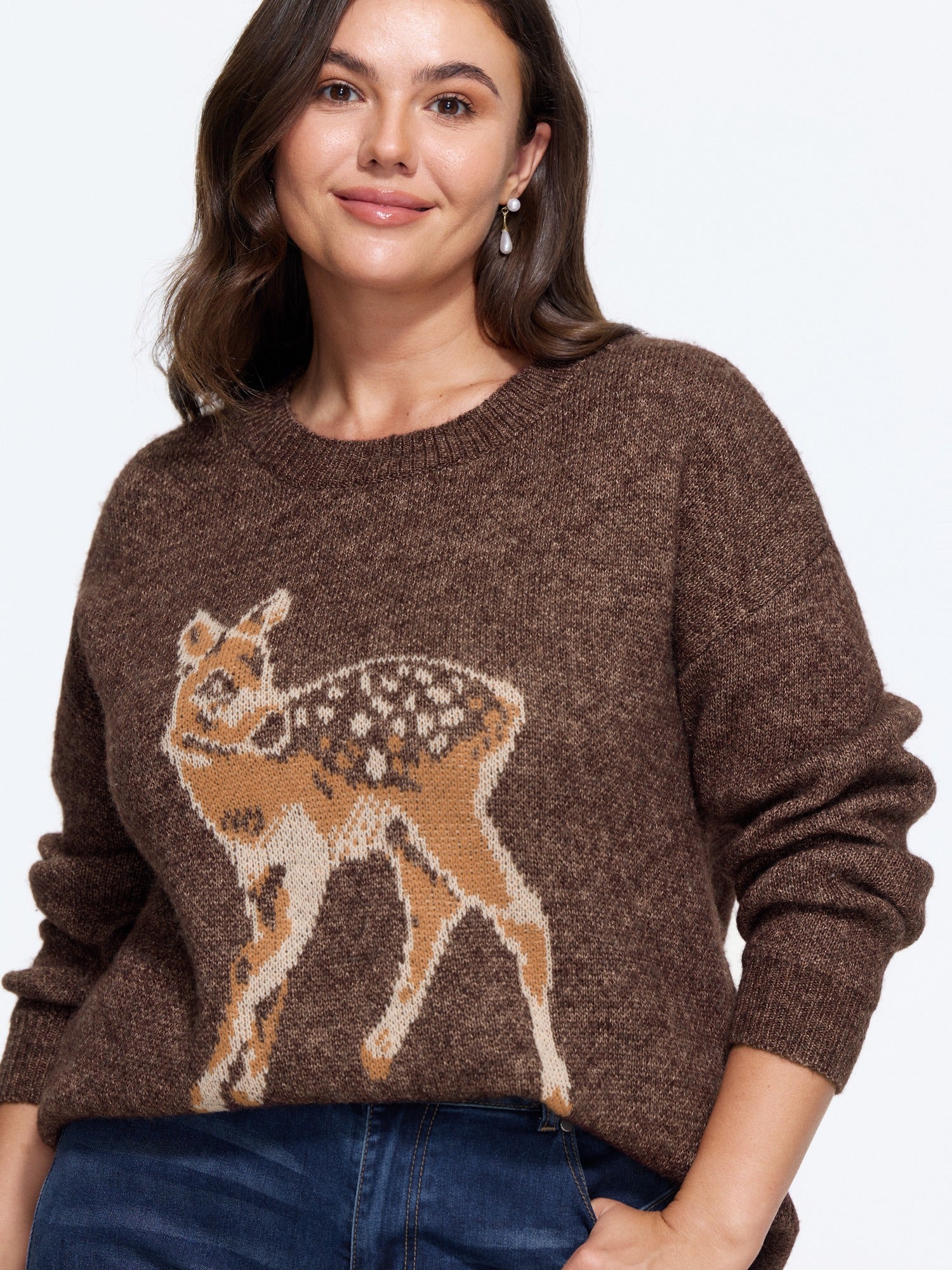 Deer Jacquard Crew Neck Drop‑Shoulder Pullover