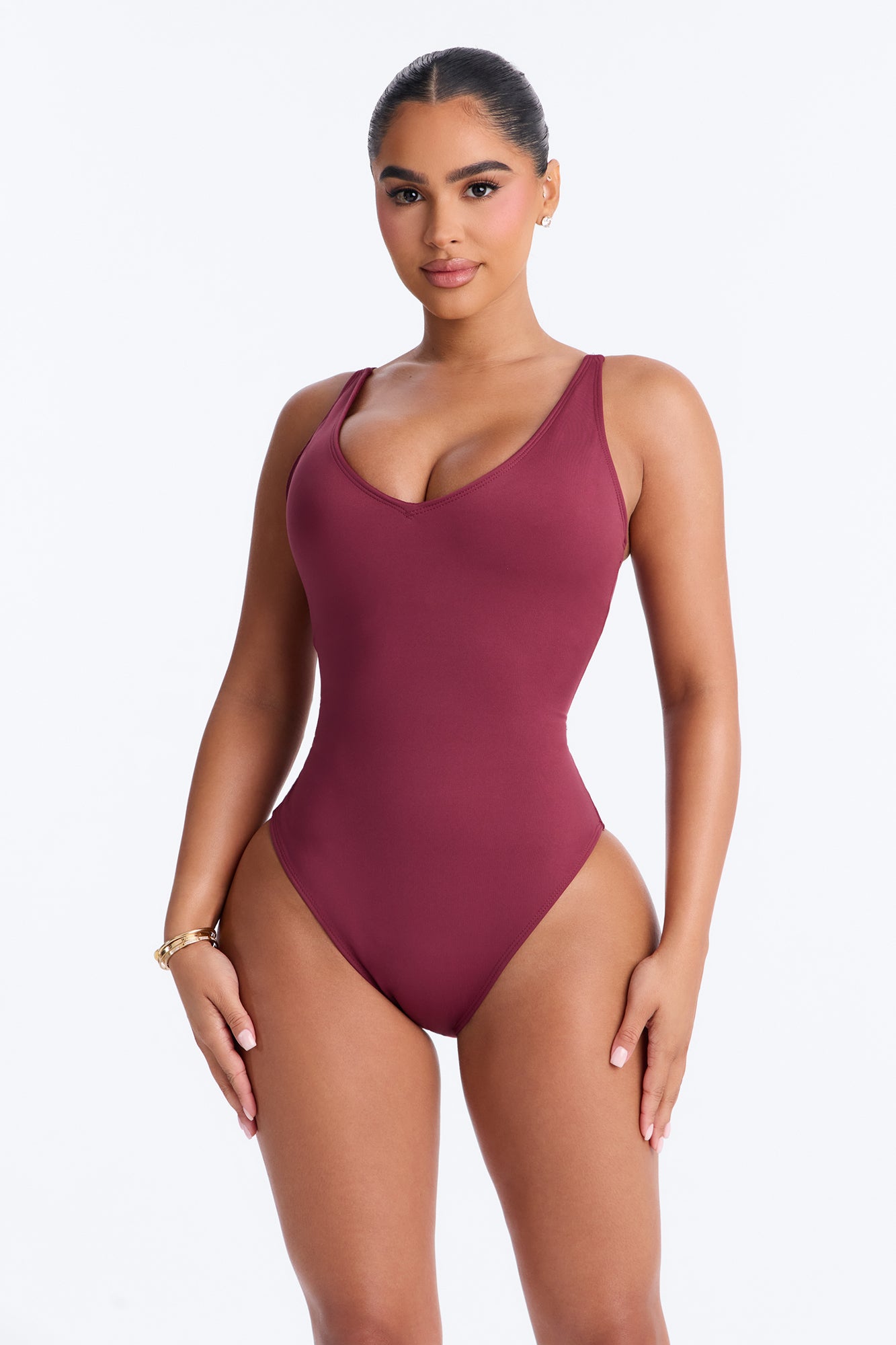 Delvina Snatched Sculpting V Neck 1 Piece Swimsuit - Burgundy