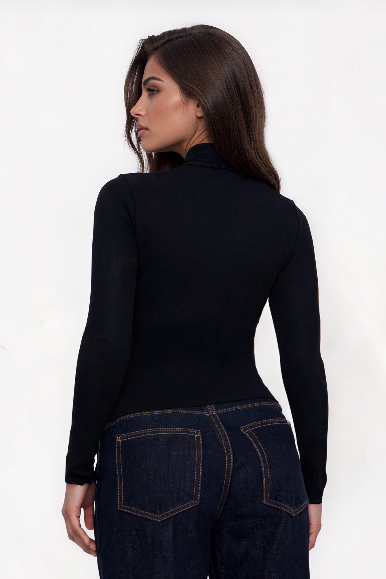 Kai Cotton Turtle Neck Lettuce Edge Long Sleeve Top - Black