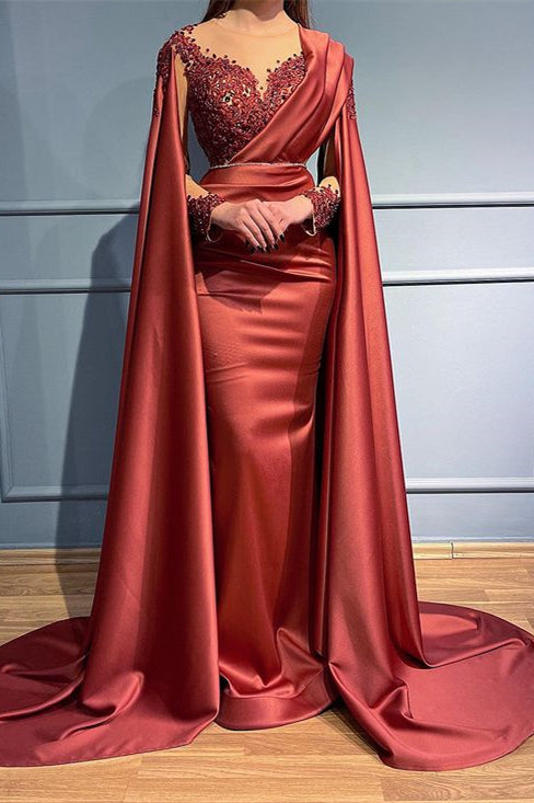 Rust Long Sleeves Beads Mermaid Appliques Evening Dress With Ruffles