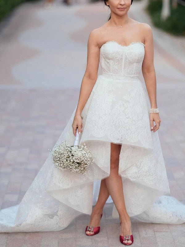 Sexy A-Line Sweetheart Strapless Lace Asymmetrical Wedding Dresses