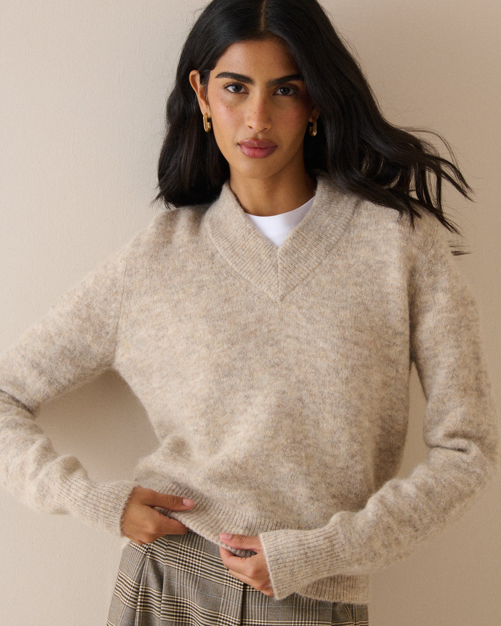 Oatmeal V-Neck Ribbed Trim Jumper