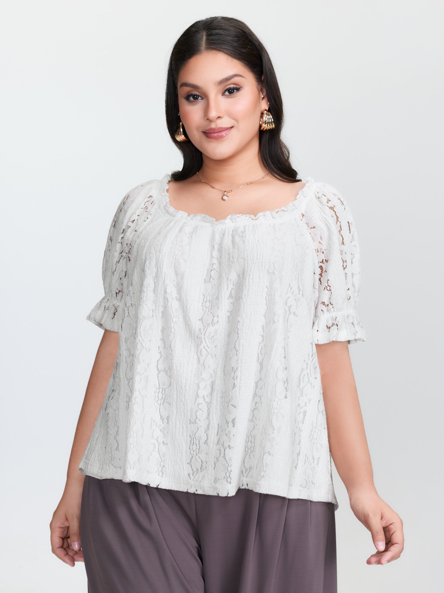 Sheer Lace Panels Ruffled Neckline Blouse
