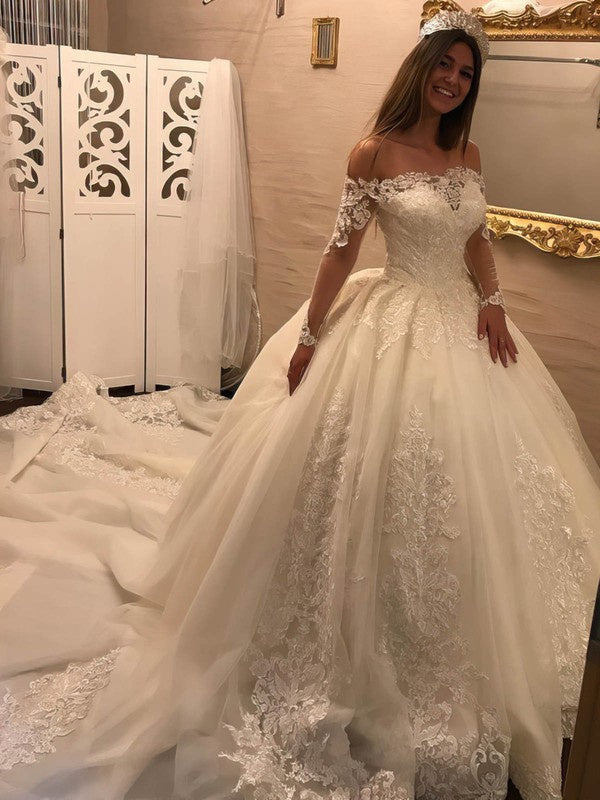 Exquisite Ball Gown Off-The-Shoulder Long Sleeves Organza Cathedral Train Wedding Dresses