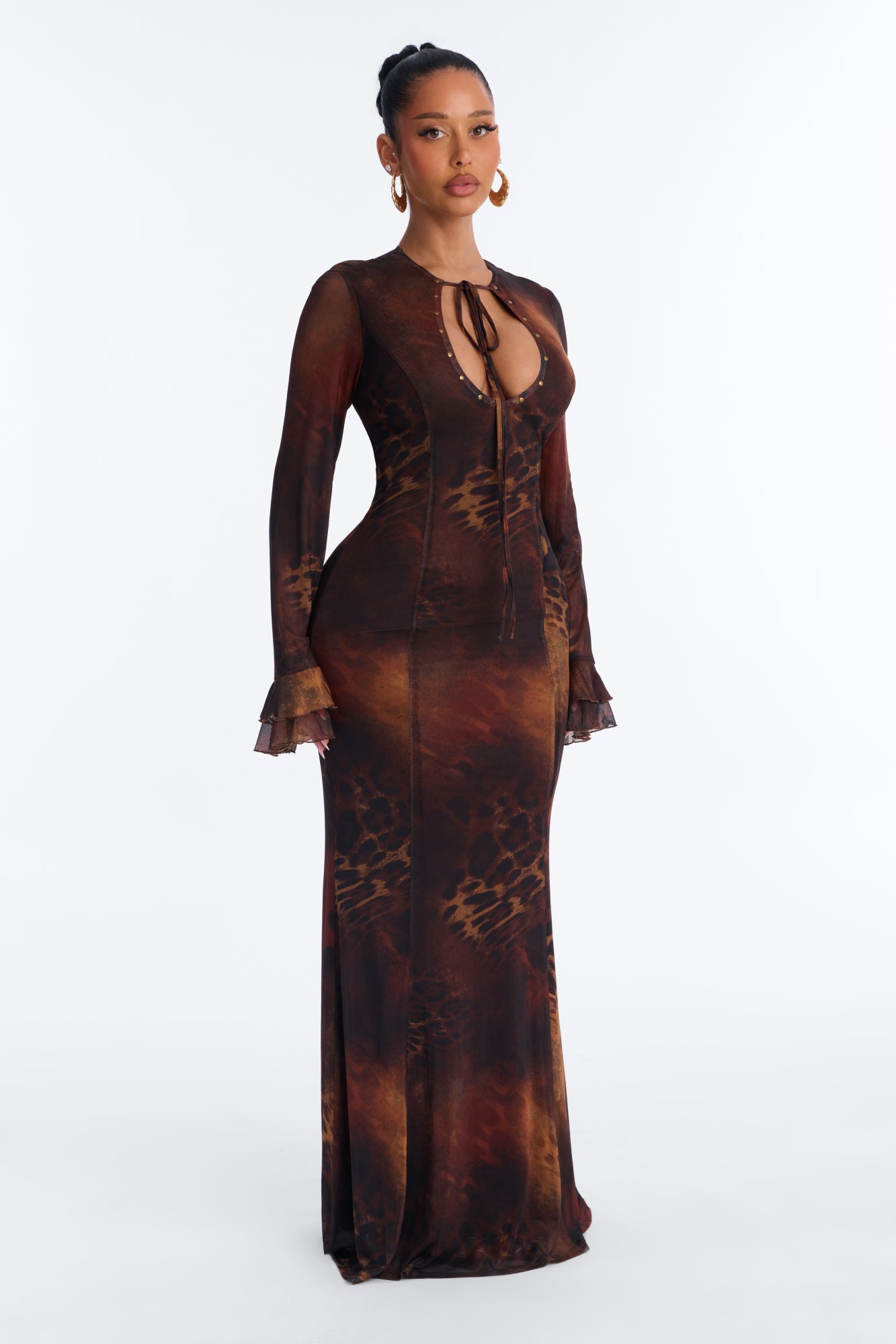 Sabrina Studded Mesh Maxi Dress - Brown/combo