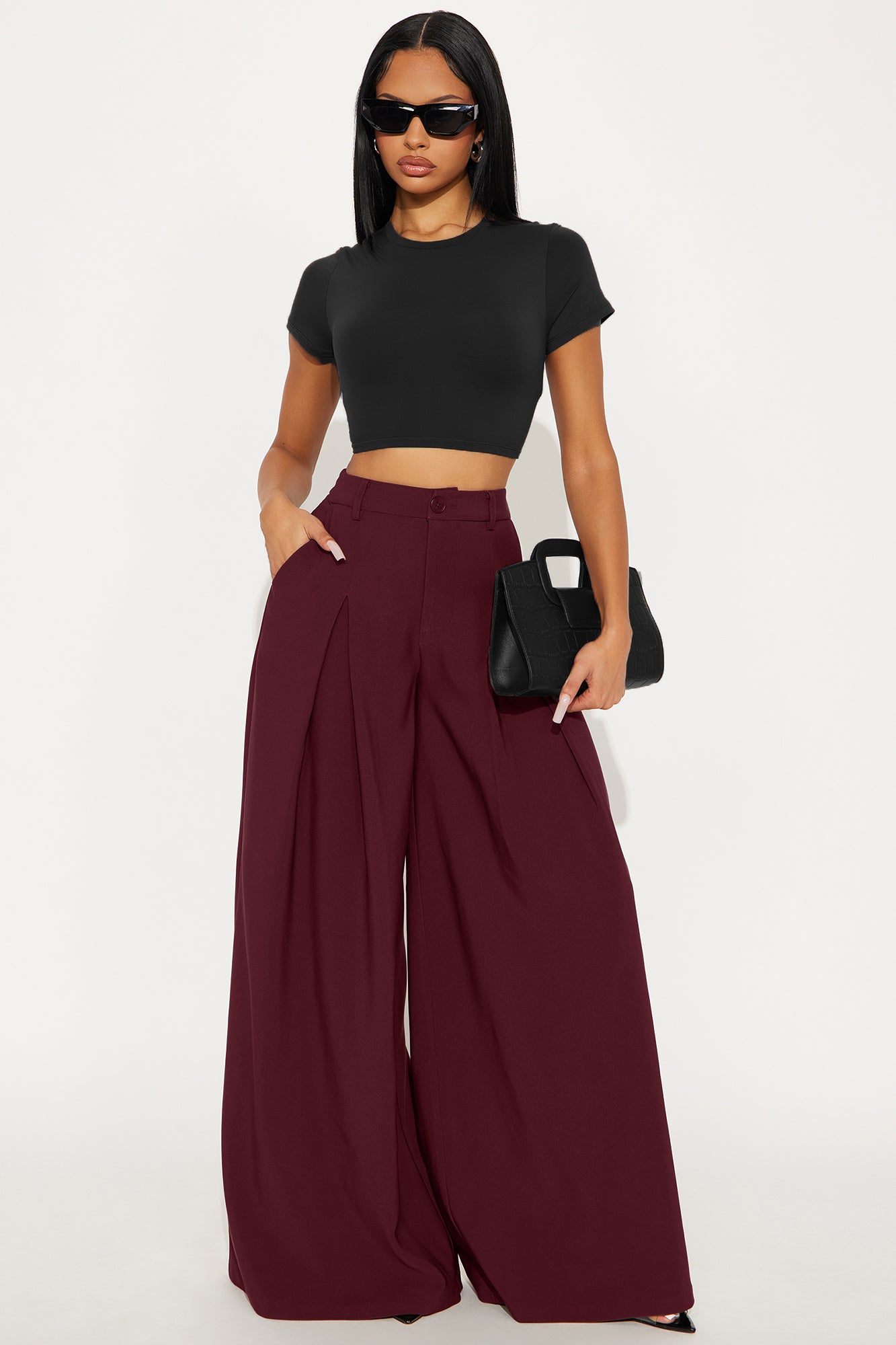 Karianna Crepe Woven Wide Leg Pant 33 - Burgundy
