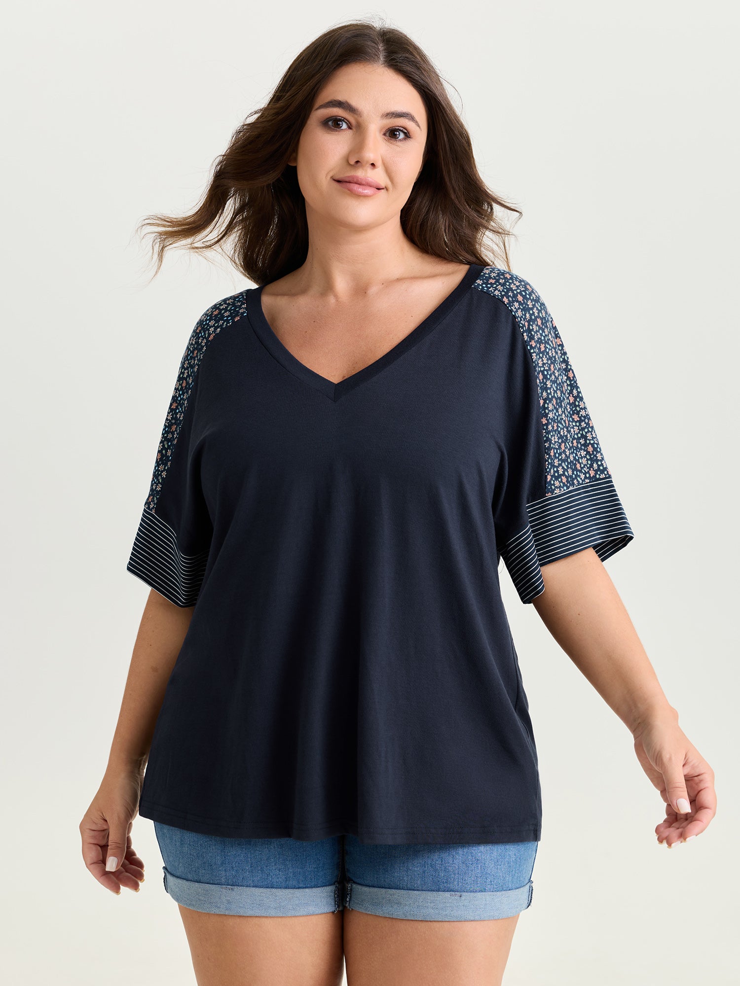 Supersoft Color Contrast Sleeve V-Neck T-Shirt