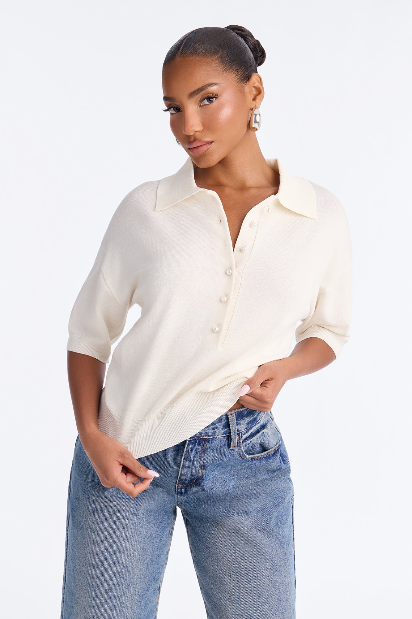Pearl Romance Short Sleeve Polo Sweater - Ivory