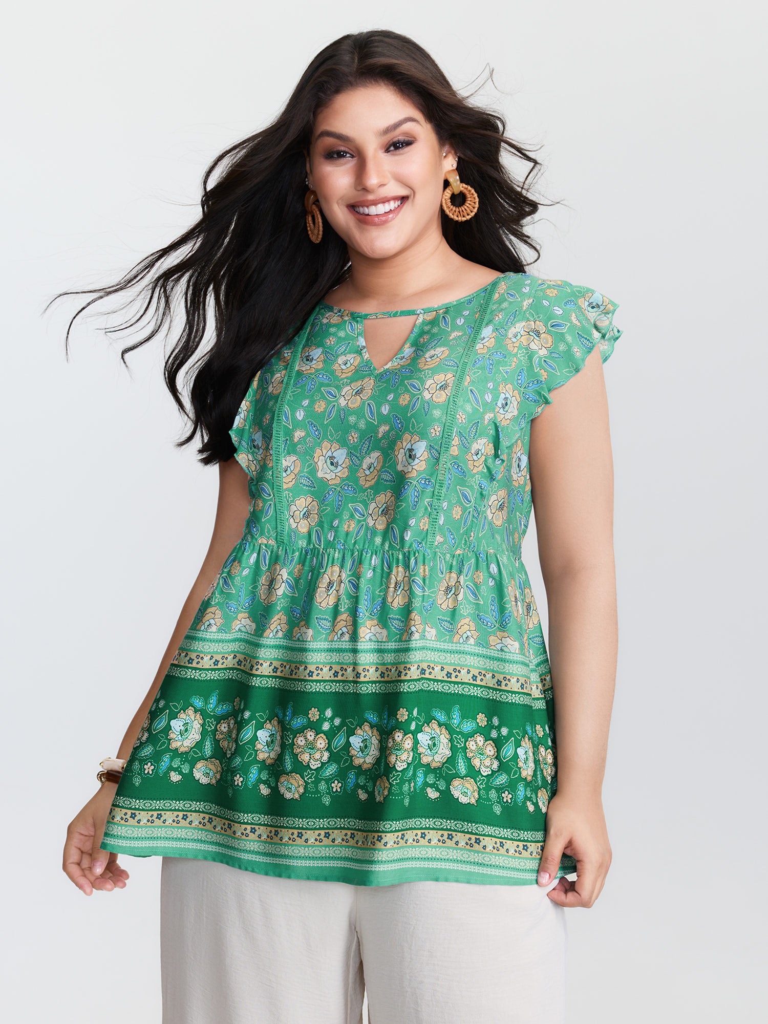 Supersoft Floral Print Keyhole Neck Blouse