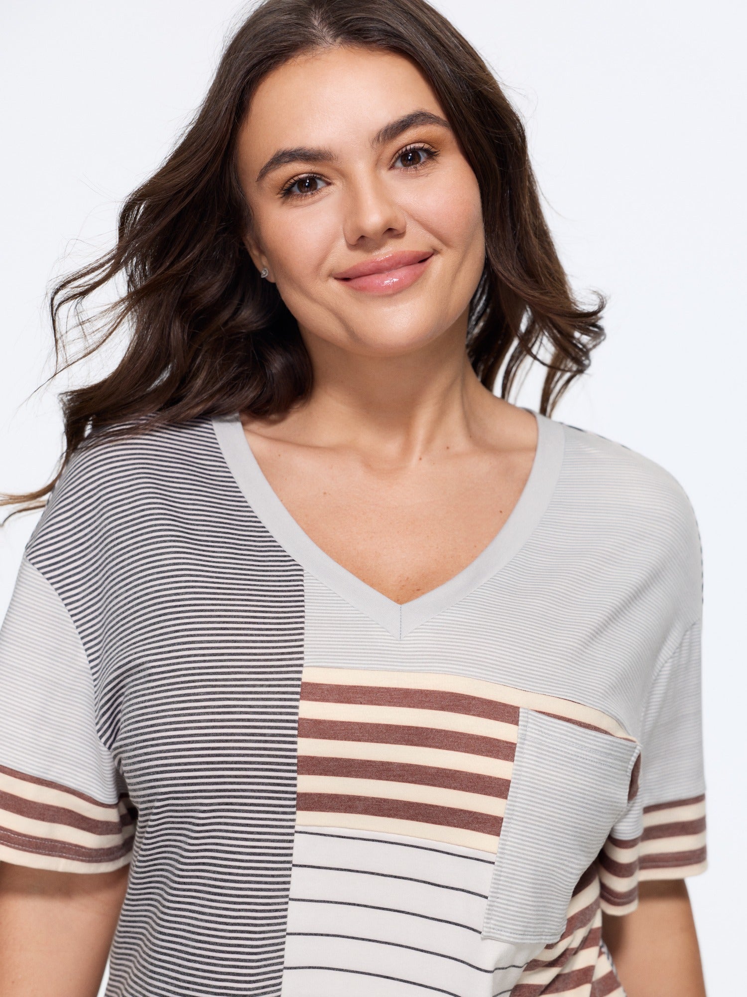 Supersoft Color Block Stripe V Neck T-Shirt