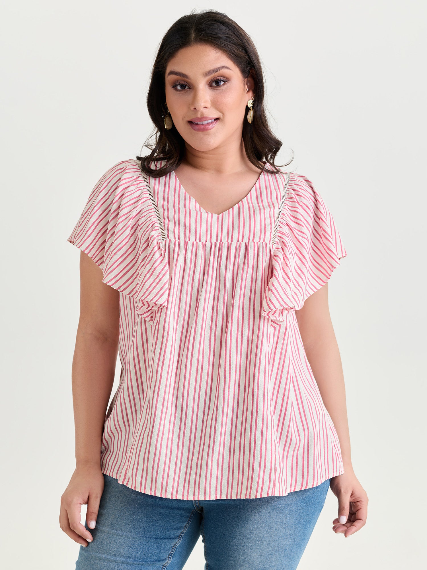 Striped Ribbed Ruffled Edge Blouse