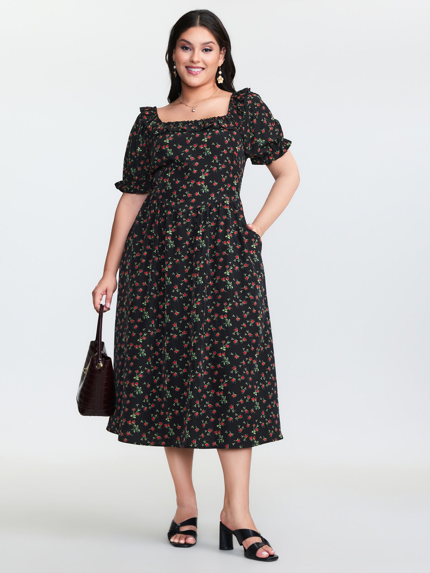 Floral Print Shirred Back-Tie Midi Dress