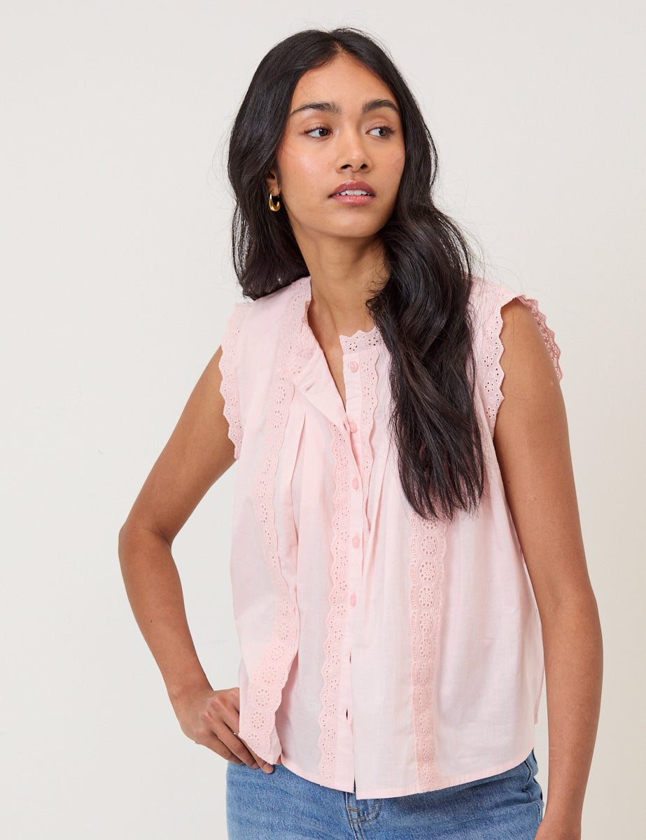Light Pink Broderie Anglaise Trim Blouse