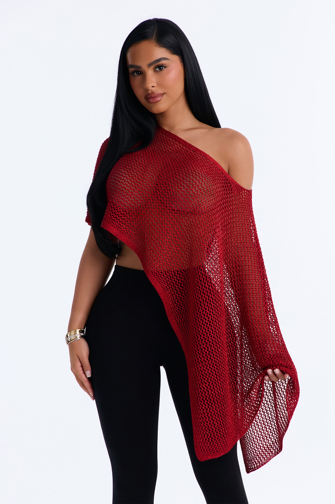 All That Shimmer Crochet Poncho - Red
