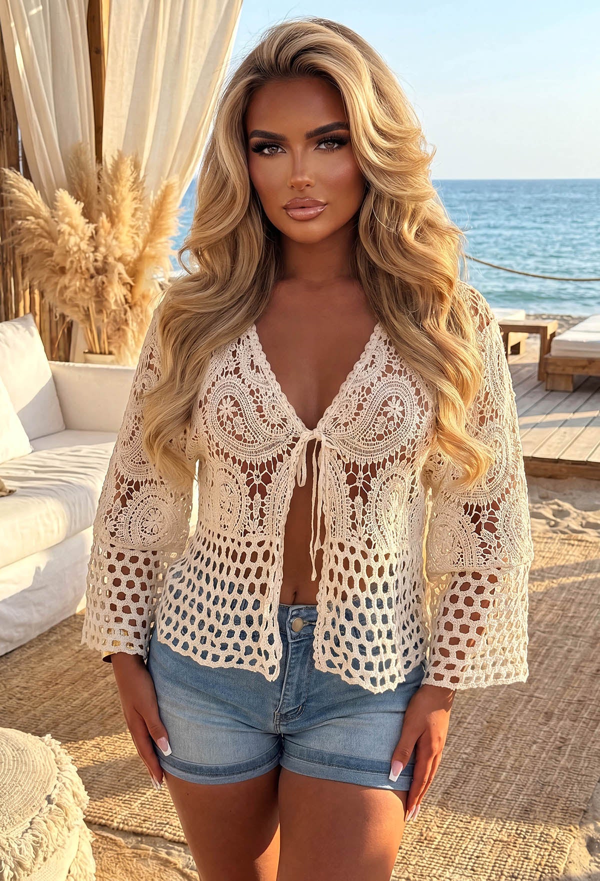 Stacey Cream Tie Front Crochet Cardigan