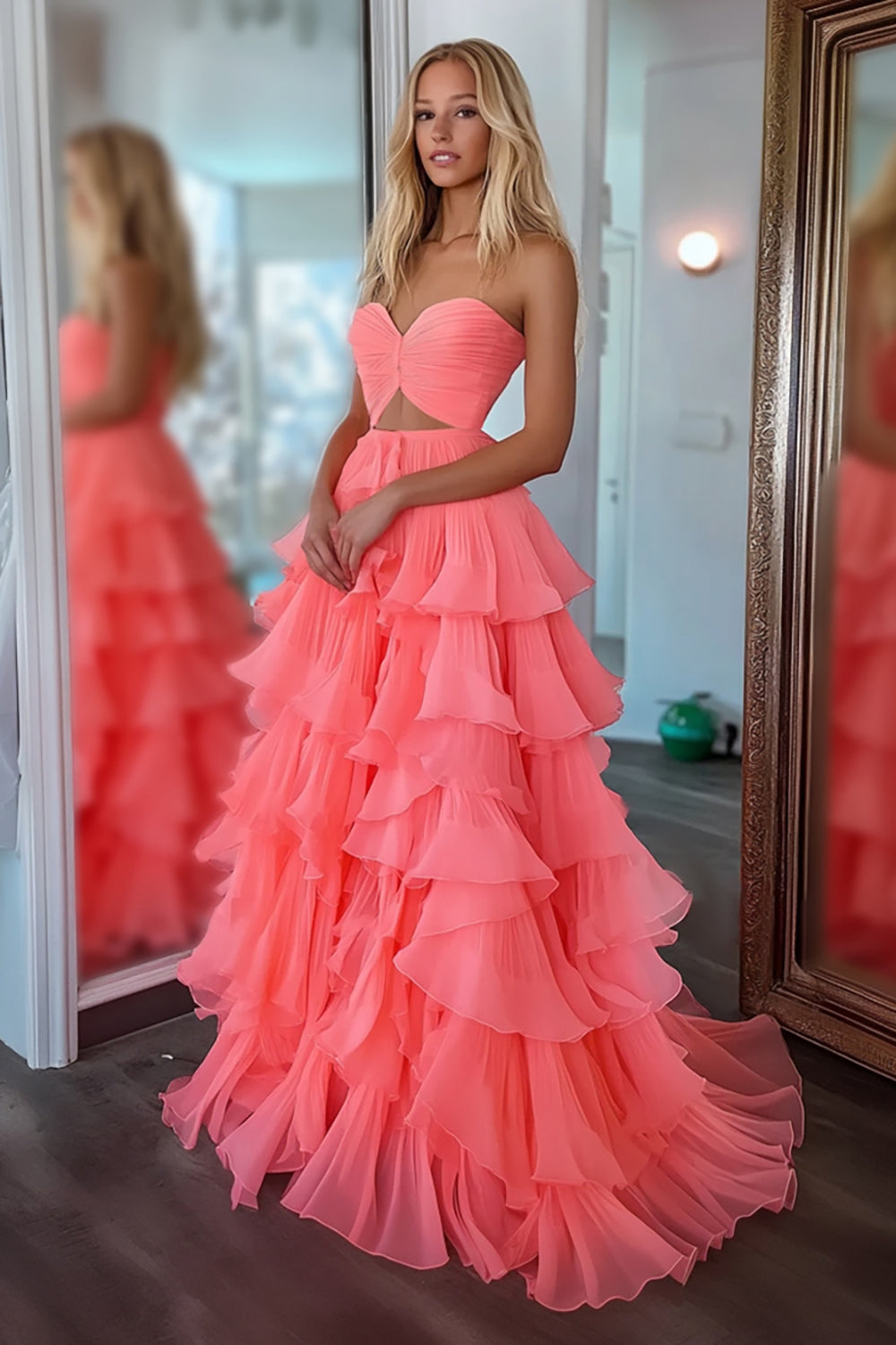 Long Prom Dress in Tulle with Cut-Out Tiered Design and Sunset Hue